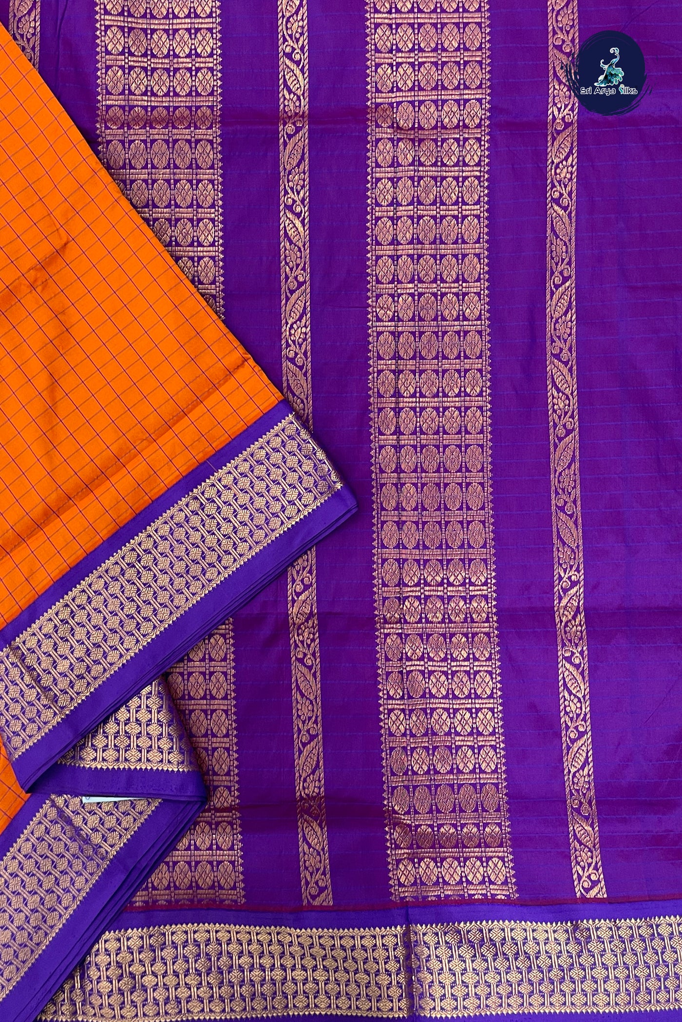 Orange Madisar Semi Silk Saree With Checked Pattern