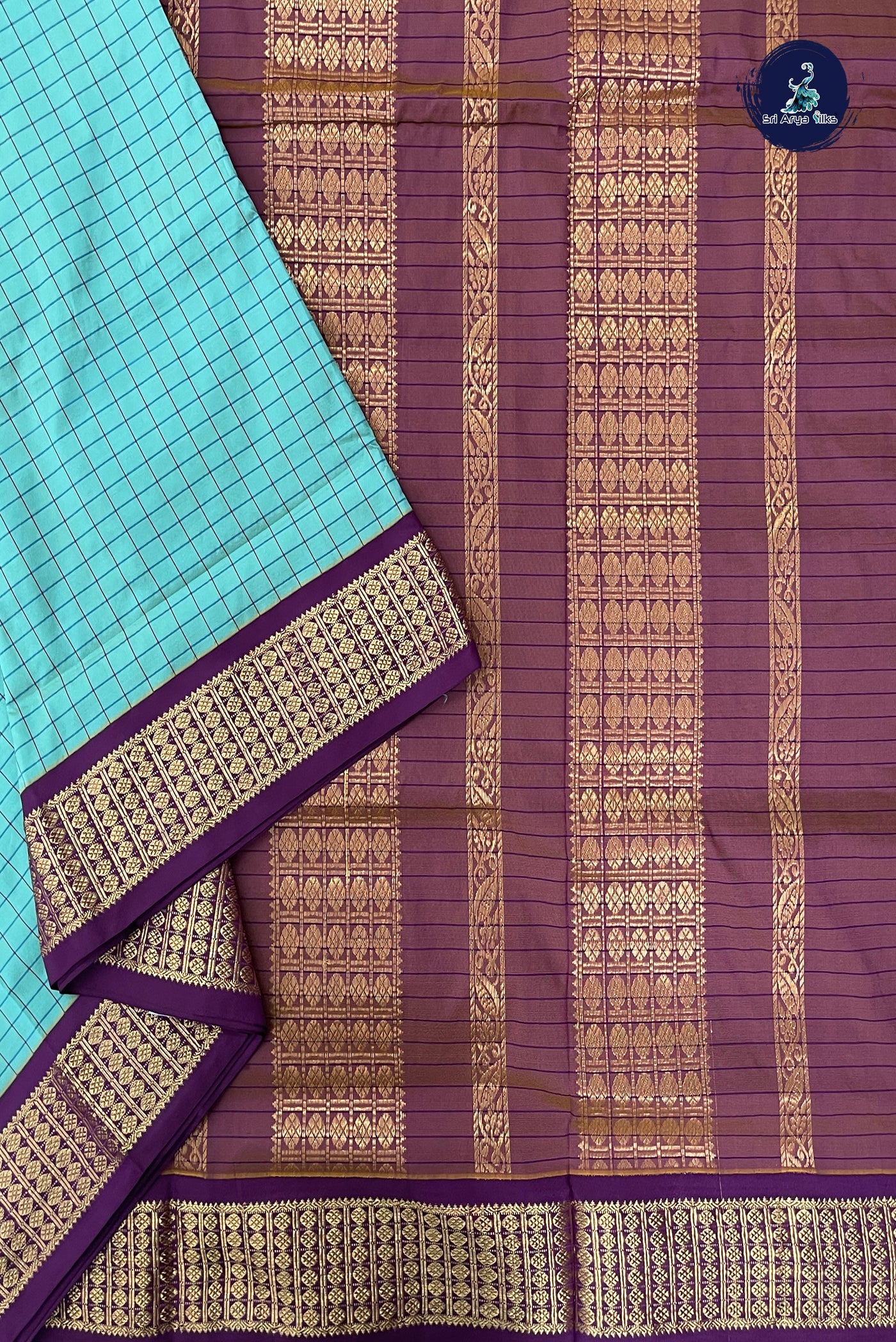 Light Blue Madisar Semi Silk Saree With Checked Pattern