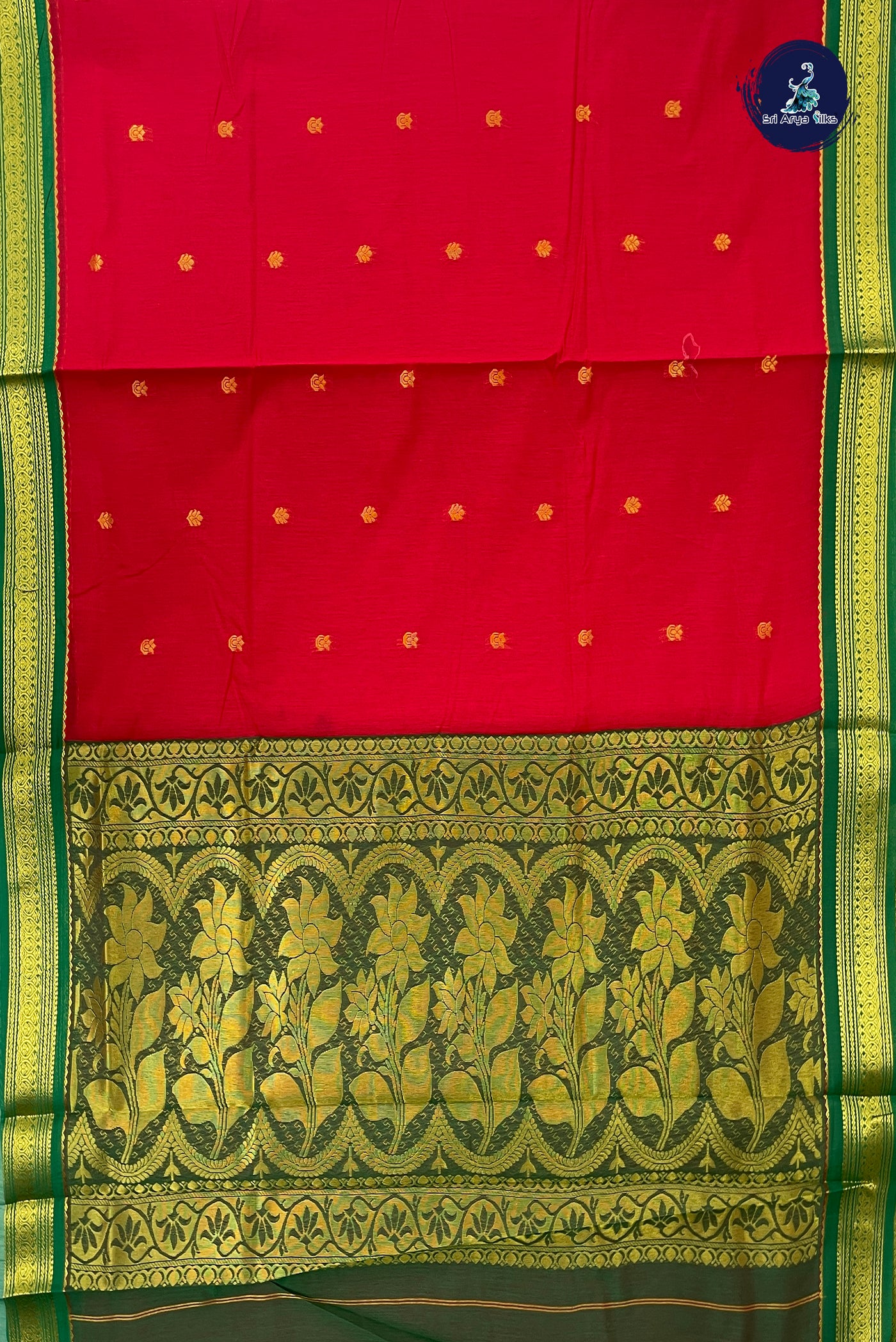 Red Madisar Semi Silk Cotton Saree With Zari Buttas Pattern