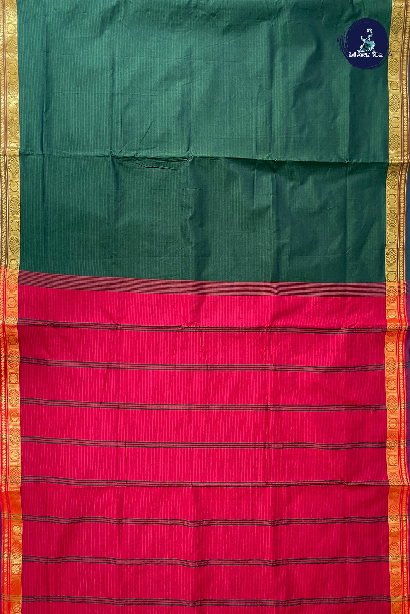 Dark Green Half Pure Madisar Silk Cotton Saree With Doria Lines Pattern