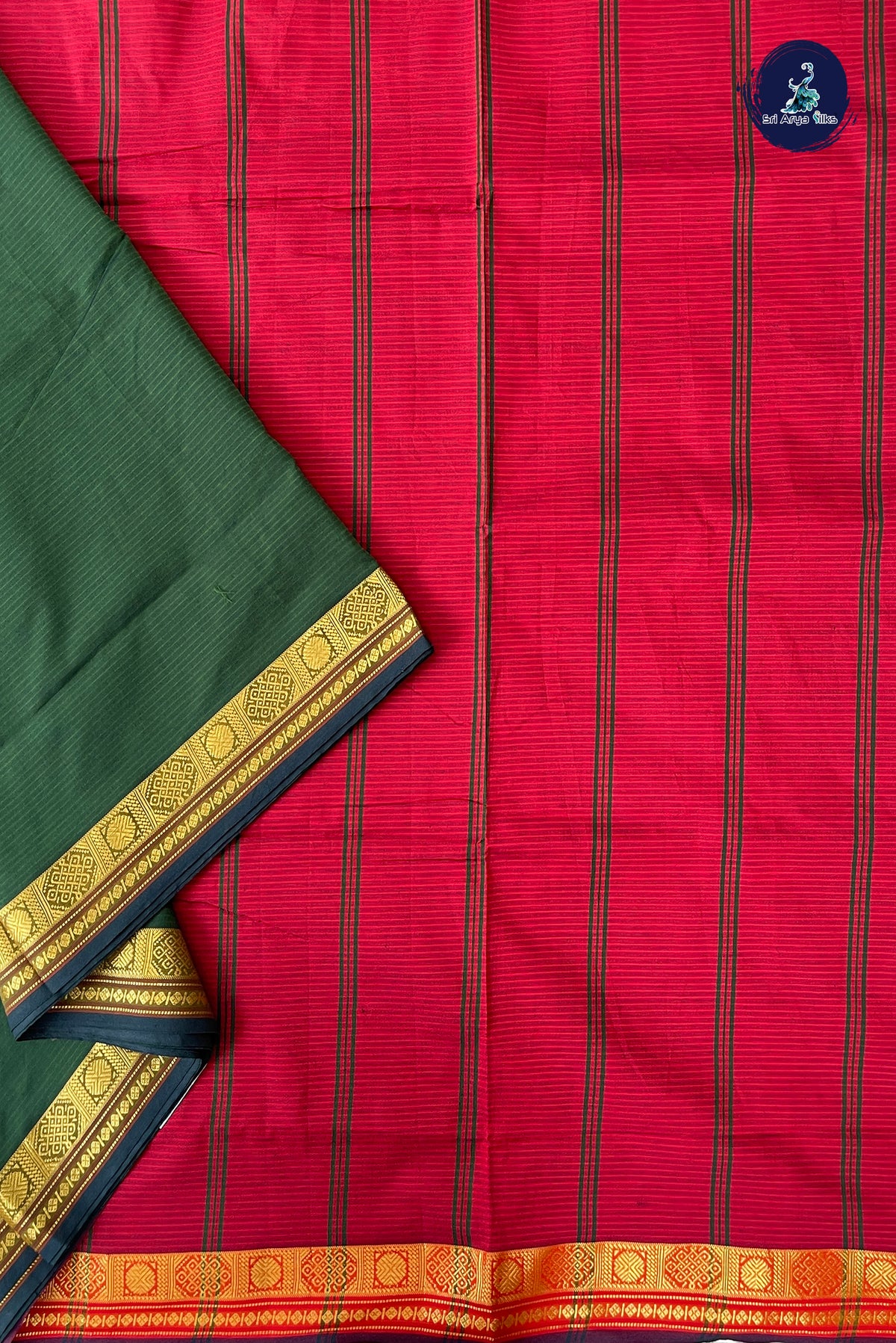 Dark Green Half Pure Madisar Silk Cotton Saree With Doria Lines Pattern