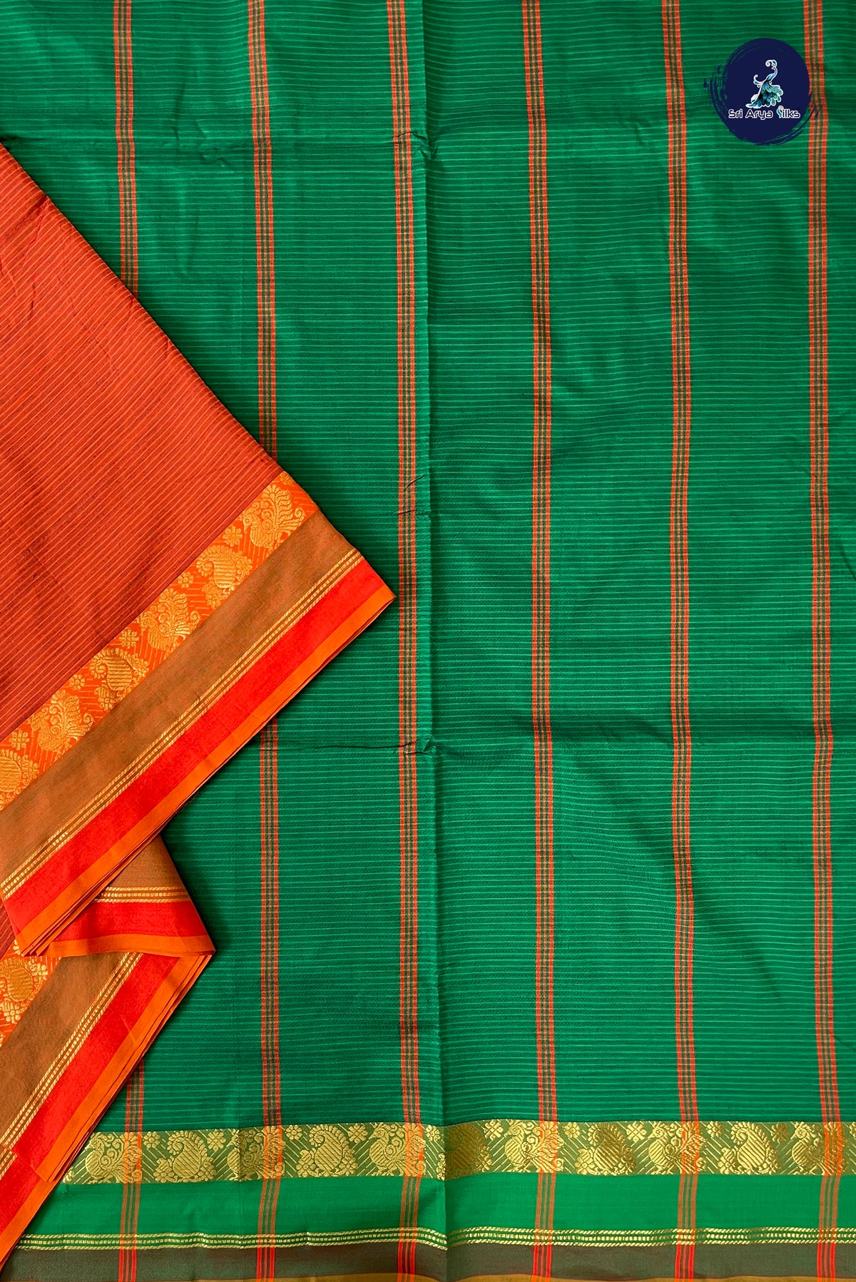 Rust Half Pure Madisar Silk Cotton Saree With Doria Lines Pattern