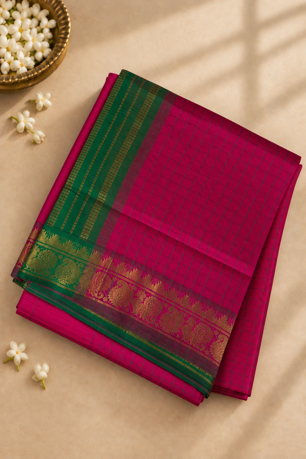 Pink Half Pure Madisar Silk Cotton Saree With Checked Pattern