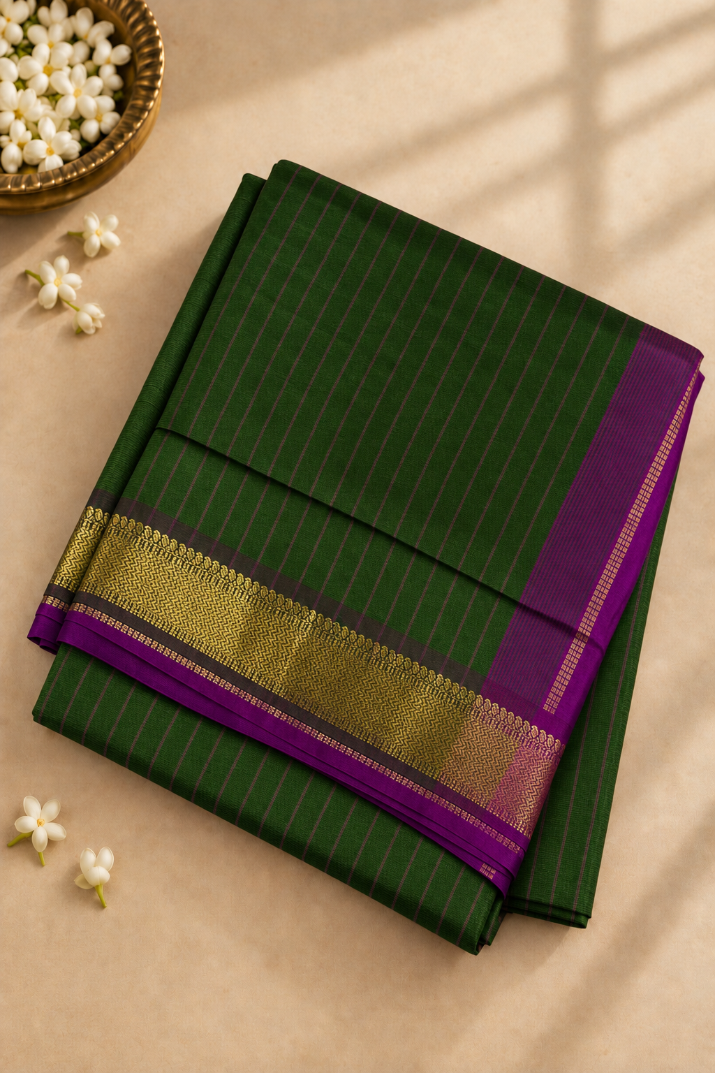 Olive Green Half Pure Madisar Silk Cotton Saree With Checked Pattern