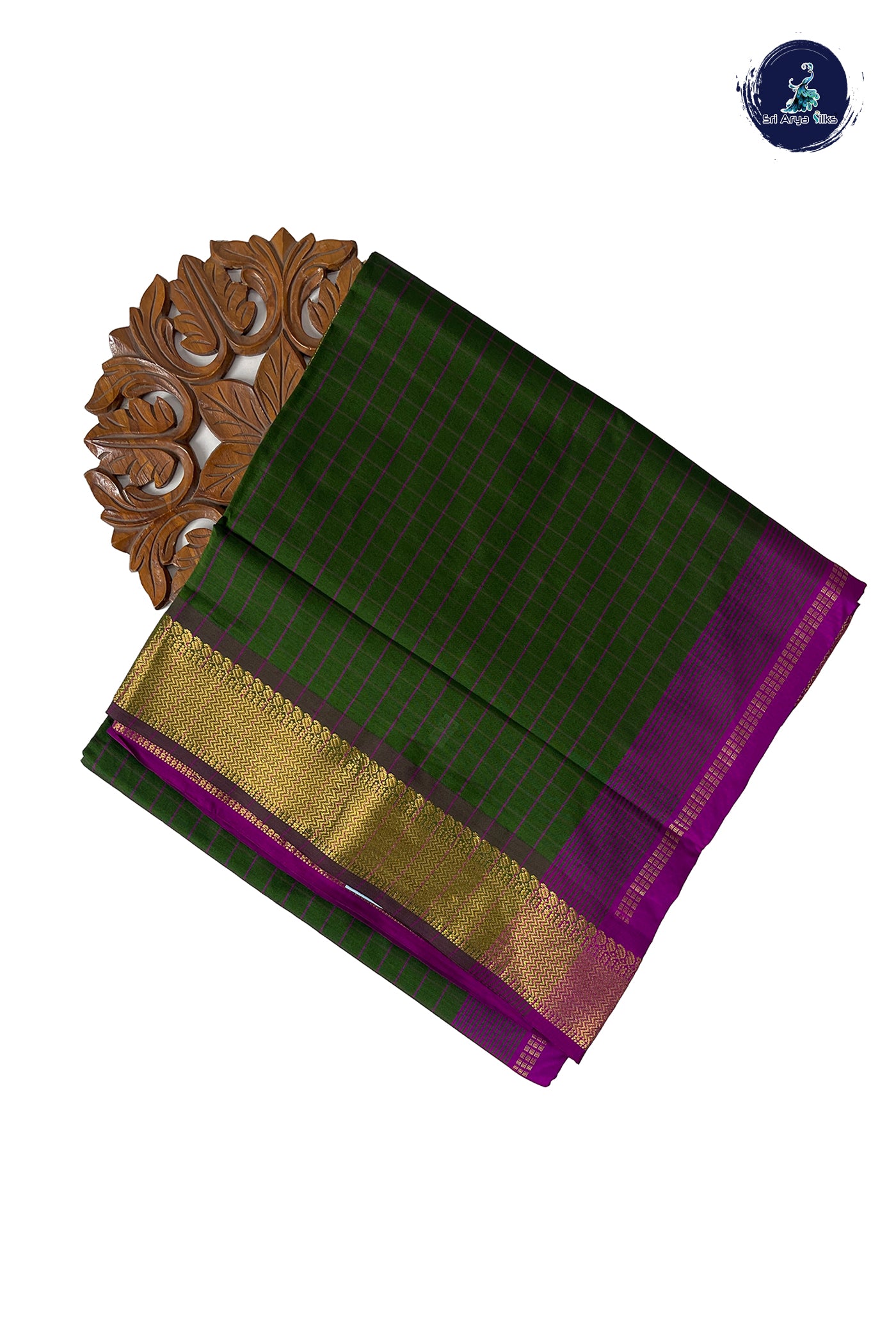 Olive Green Half Pure Madisar Silk Cotton Saree With Checked Pattern