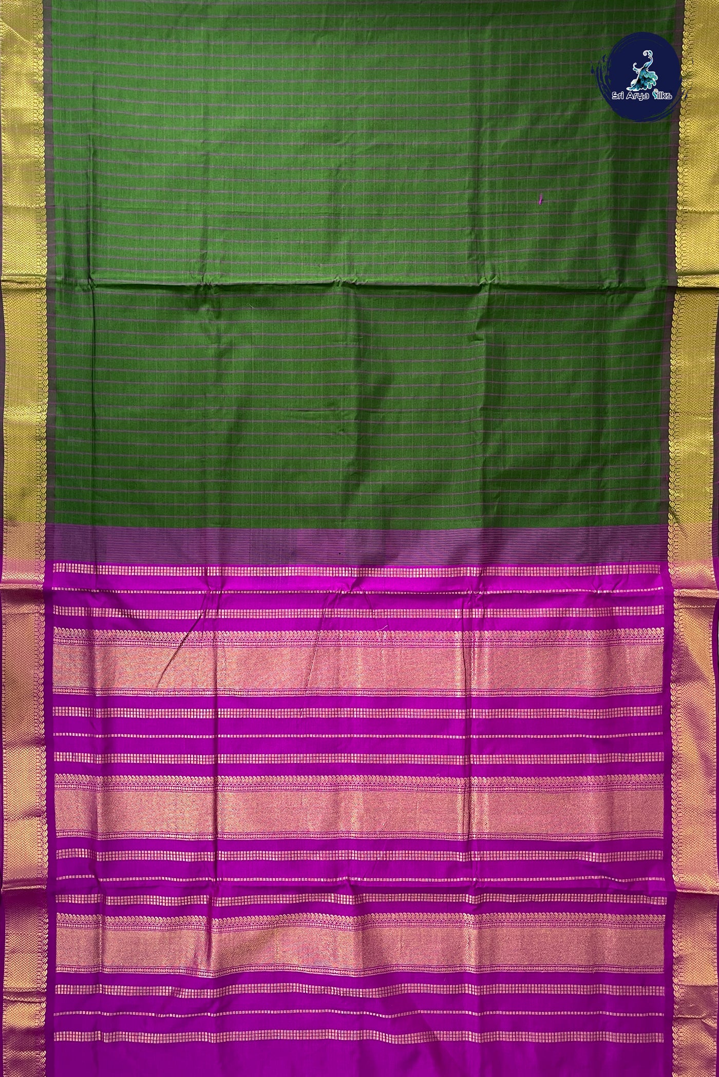 Olive Green Half Pure Madisar Silk Cotton Saree With Checked Pattern