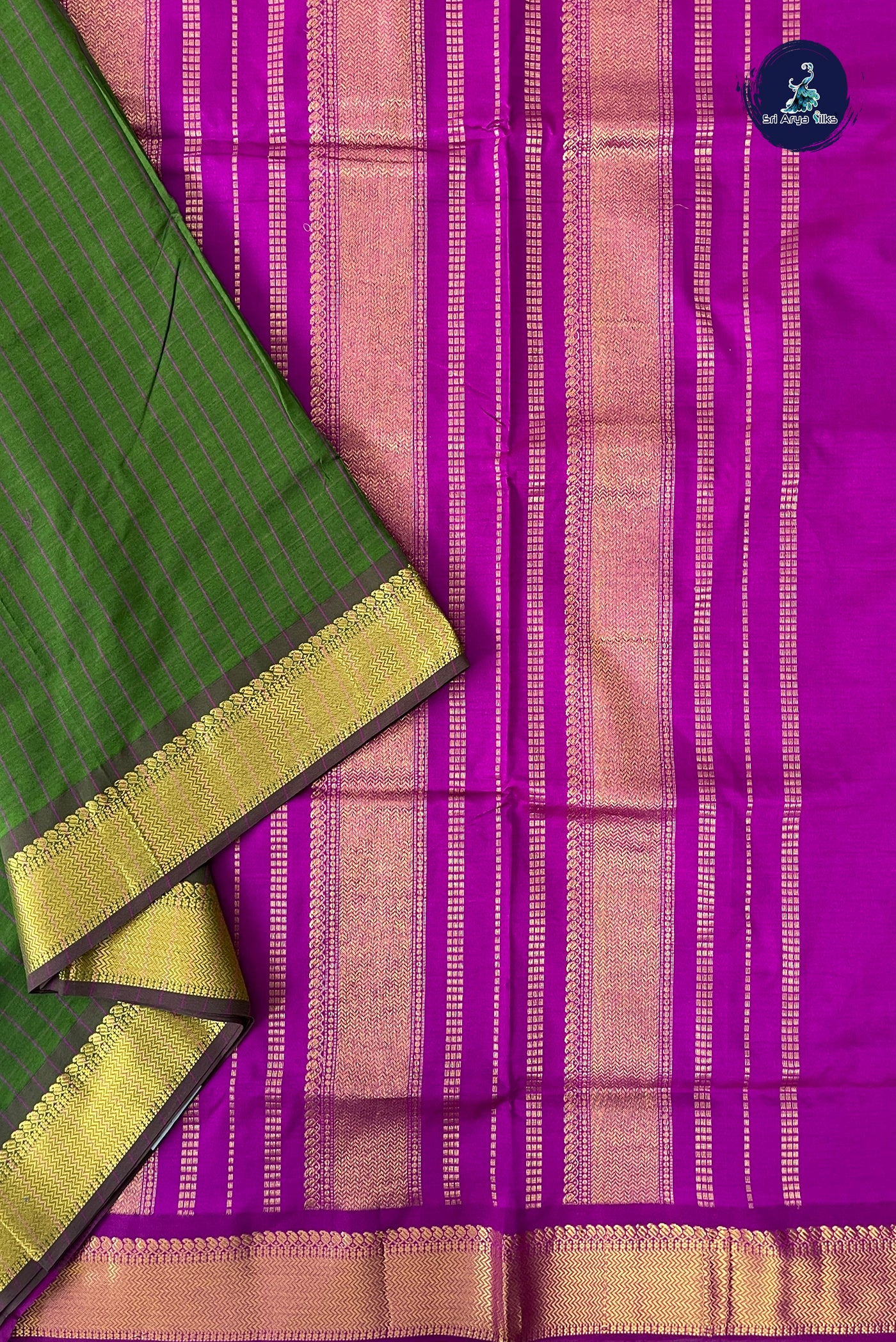 Olive Green Half Pure Madisar Silk Cotton Saree With Checked Pattern