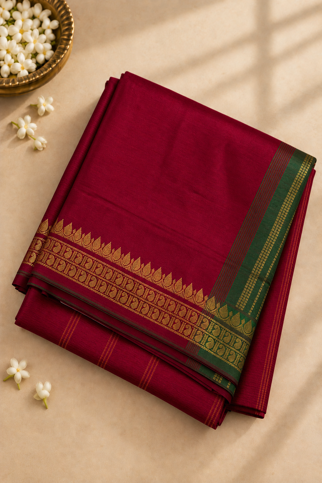 Maroon Half Pure Madisar Silk Cotton Saree With Plain Pattern