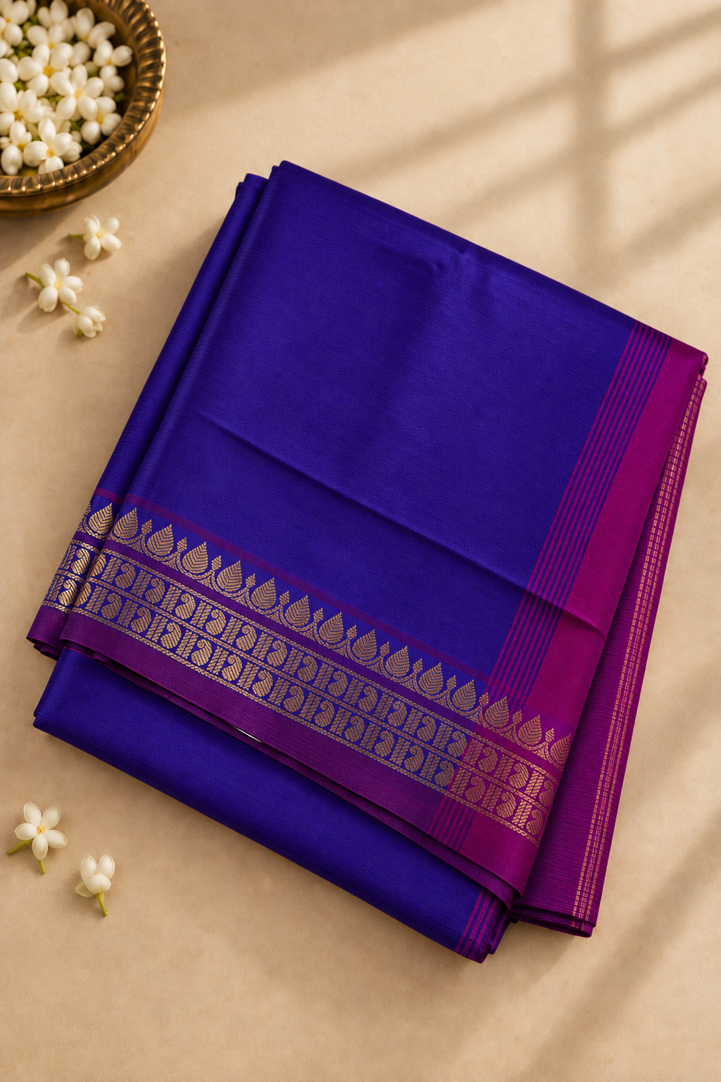 Dual Tone Violet Half Pure Madisar Silk Cotton Saree With Plain Pattern