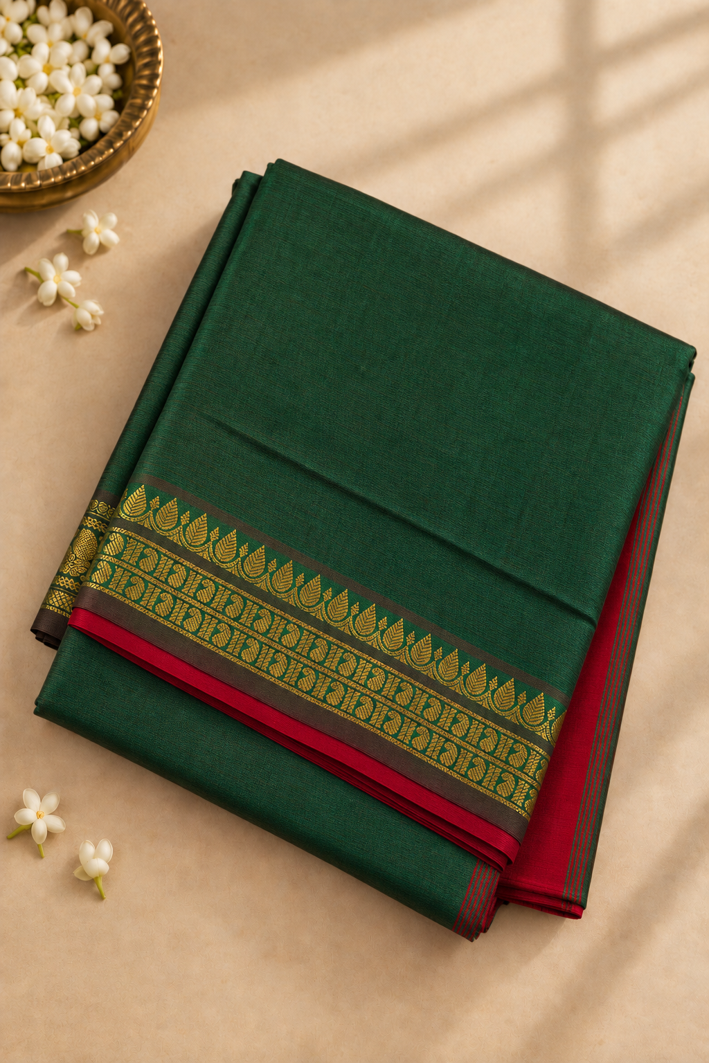 Green Half Pure Madisar Silk Cotton Saree With Plain Pattern