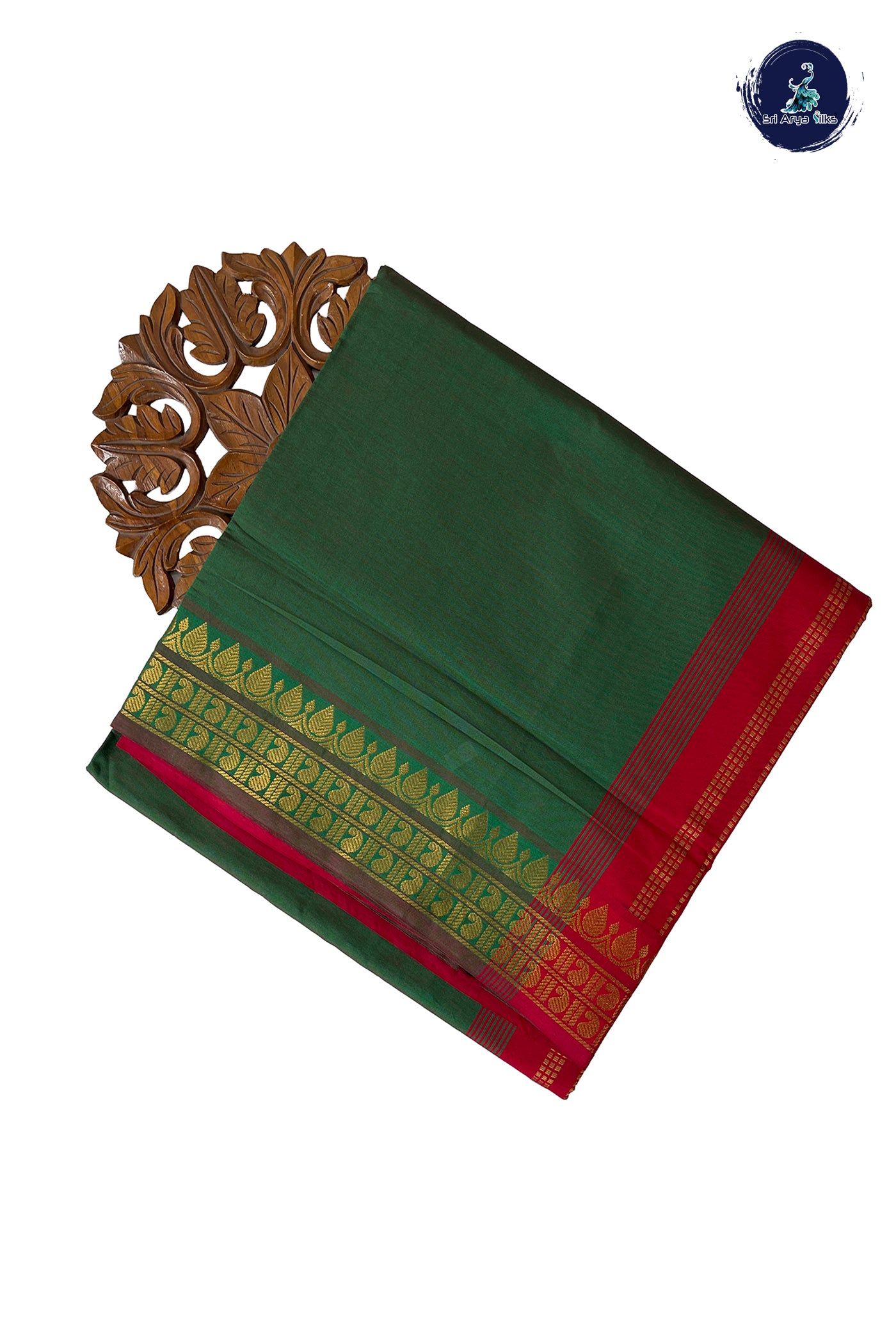 Green Half Pure Madisar Silk Cotton Saree With Plain Pattern