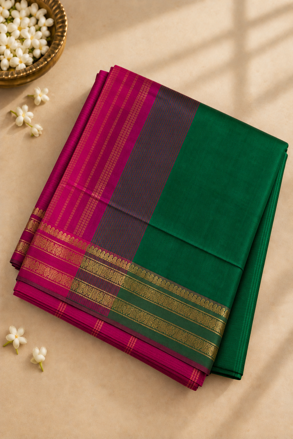 Green Half Pure Madisar Silk Cotton Saree With Plain Pattern