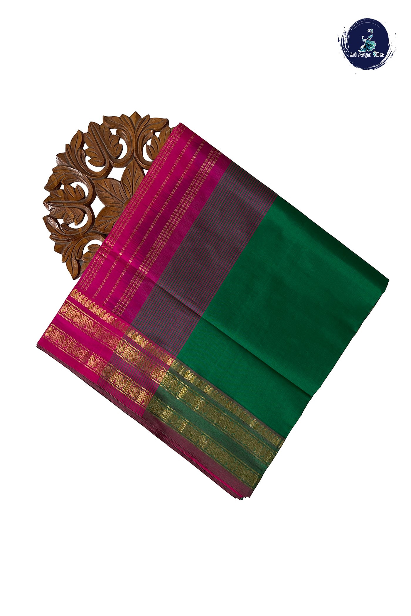 Green Half Pure Madisar Silk Cotton Saree With Plain Pattern