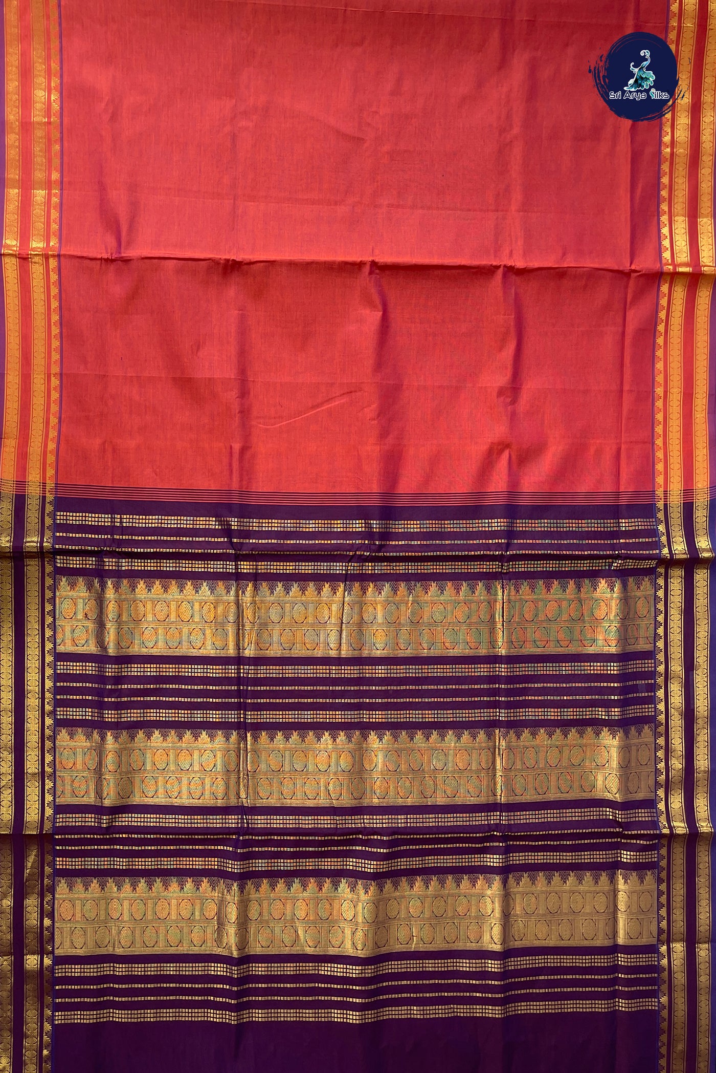 Rust Half Pure Madisar Silk Cotton Saree With Plain Pattern