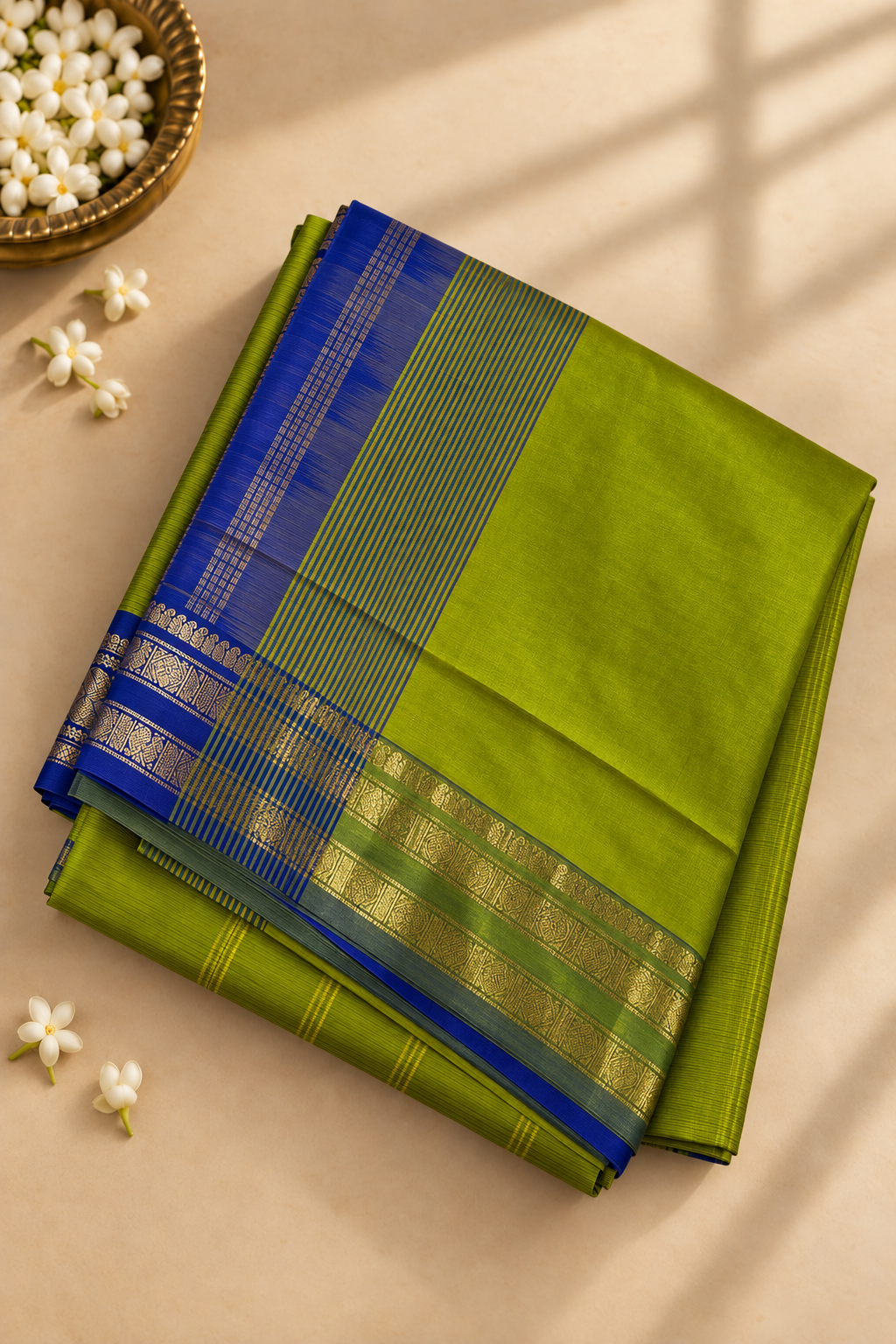 Lime Green Half Pure Madisar Silk Cotton Saree With Plain Pattern