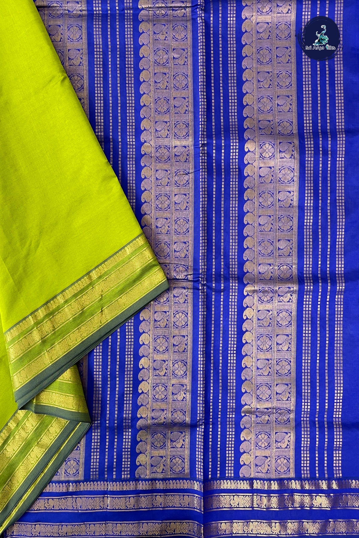 Lime Green Half Pure Madisar Silk Cotton Saree With Plain Pattern