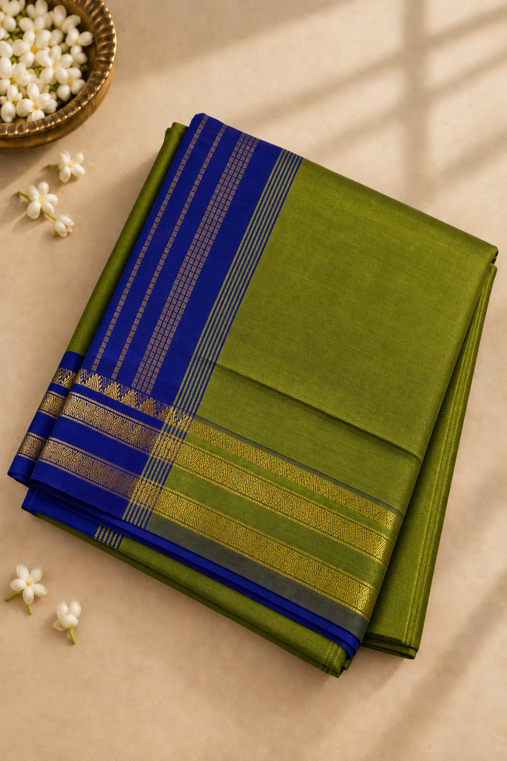 Green Half Pure Madisar Silk Cotton Saree With Plain Pattern