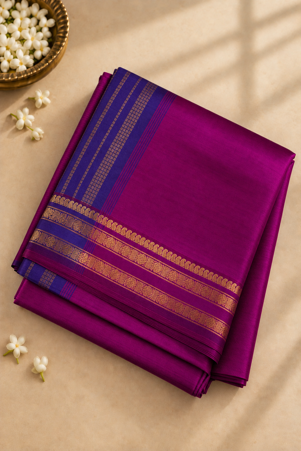 Magenta Half Pure Madisar Silk Cotton Saree With Plain Pattern
