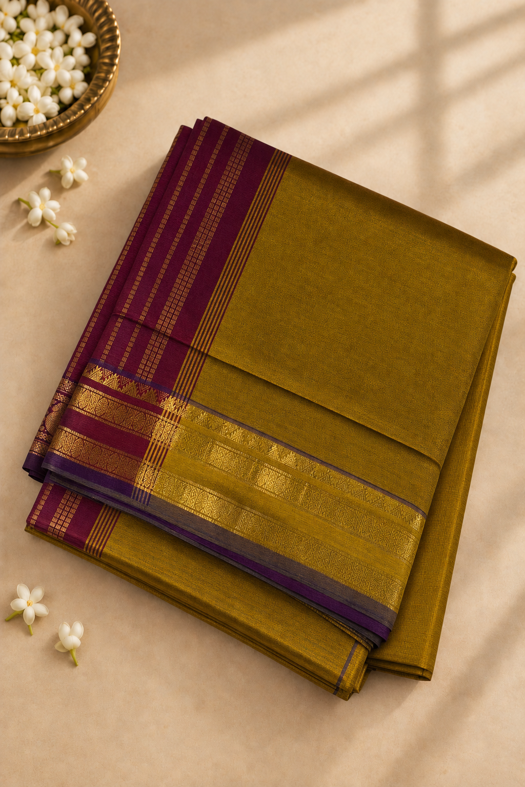 Honey Brown  Half Pure Madisar Silk Cotton Saree With Plain Pattern