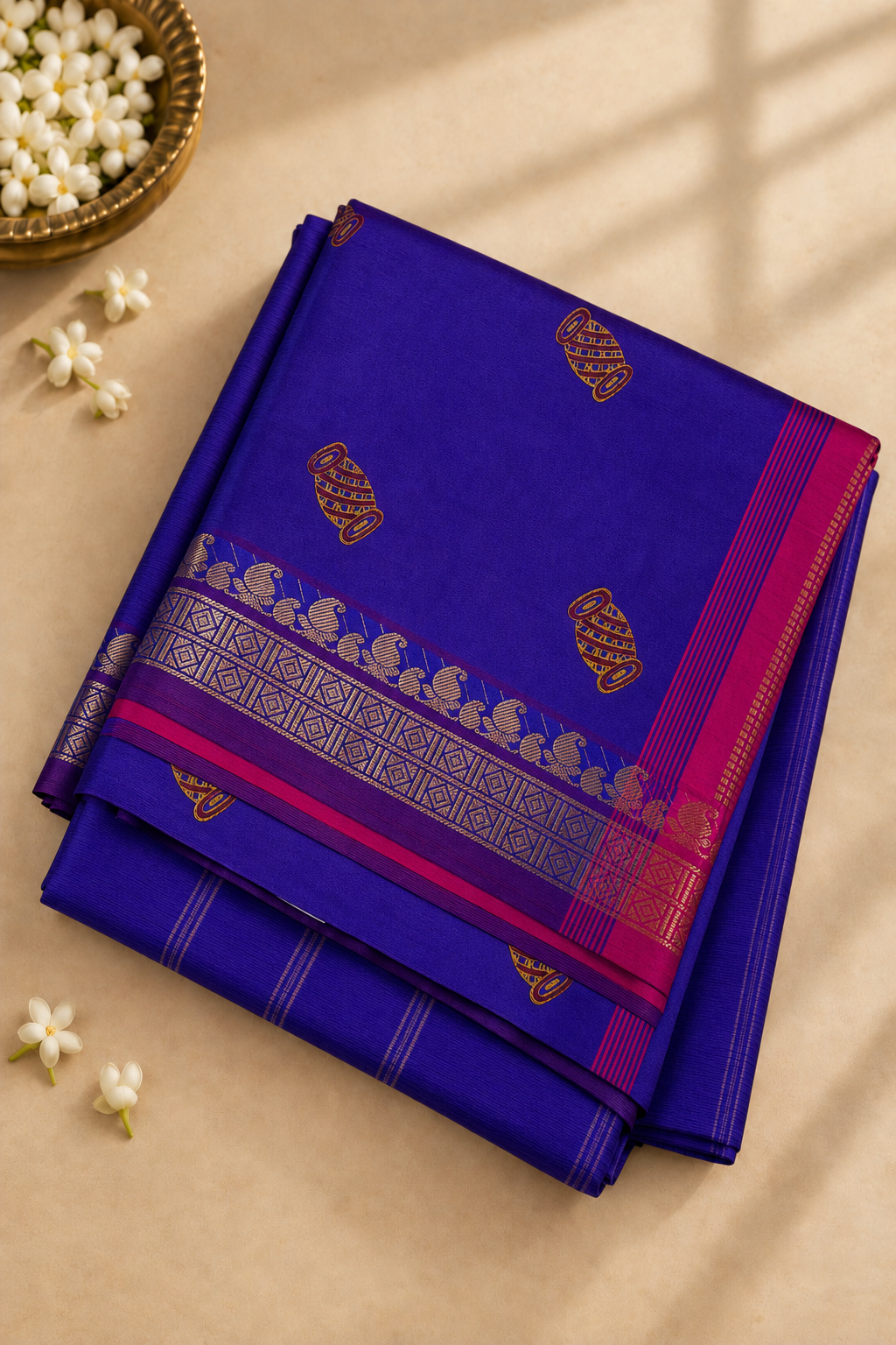 Dual Tone Violet Half Pure Madisar Silk Cotton Saree With Printed Pattern