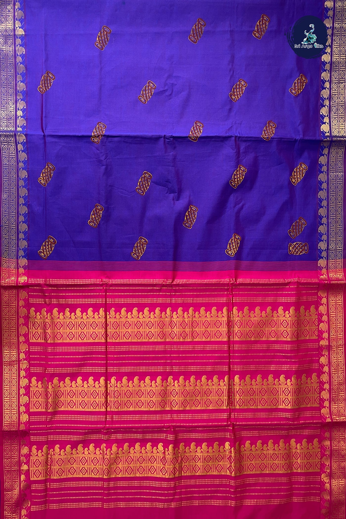 Dual Tone Violet Half Pure Madisar Silk Cotton Saree With Printed Pattern