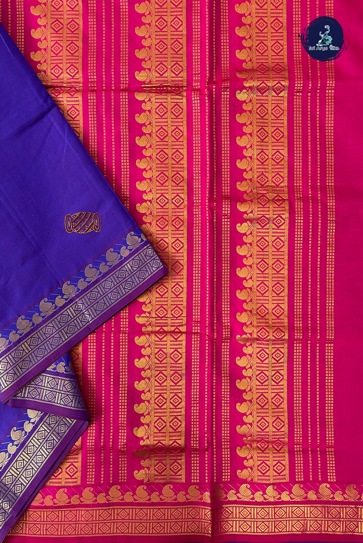 Dual Tone Violet Half Pure Madisar Silk Cotton Saree With Printed Pattern