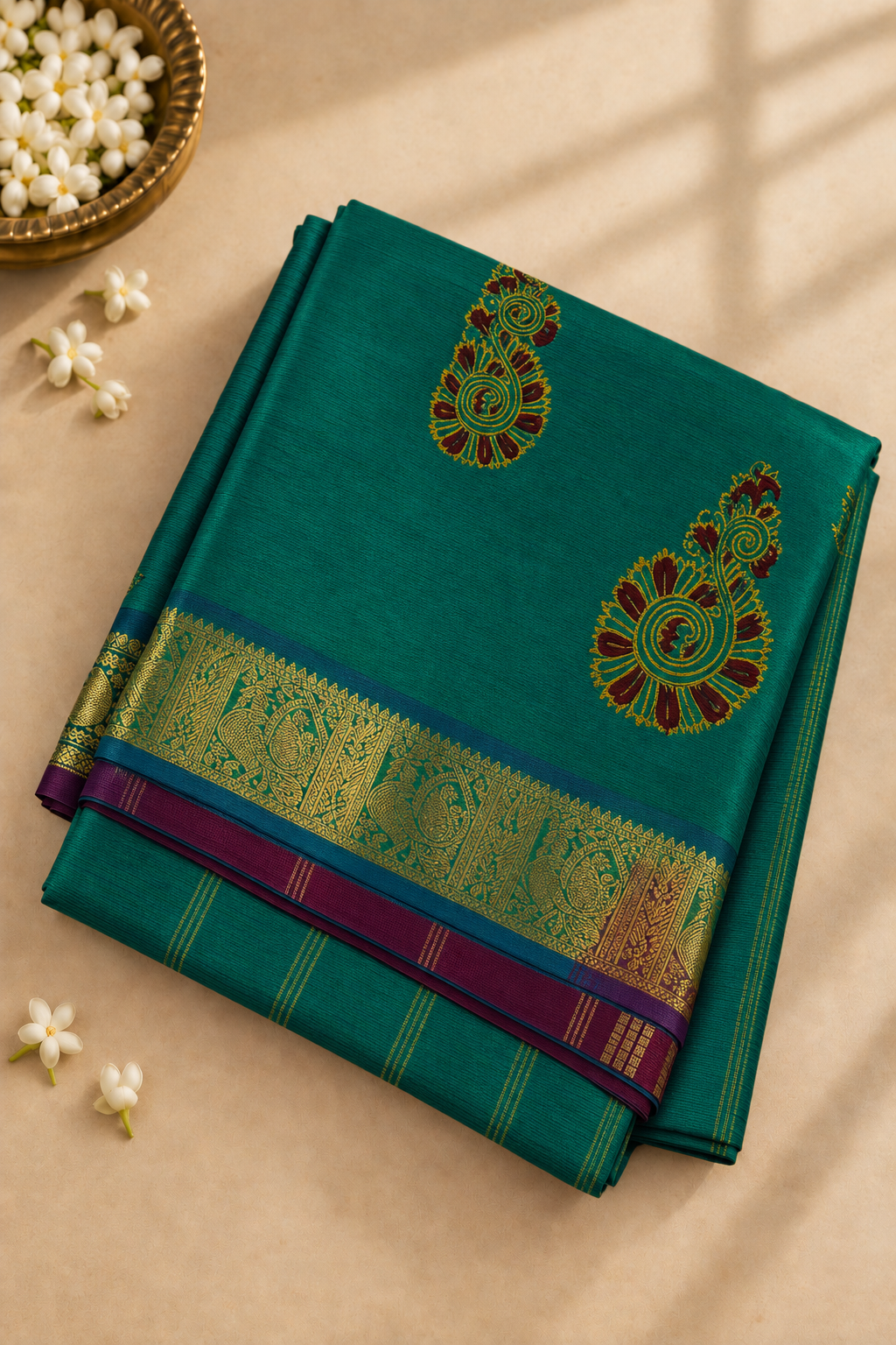 Green Half Pure Madisar Silk Cotton Saree With Printed Pattern