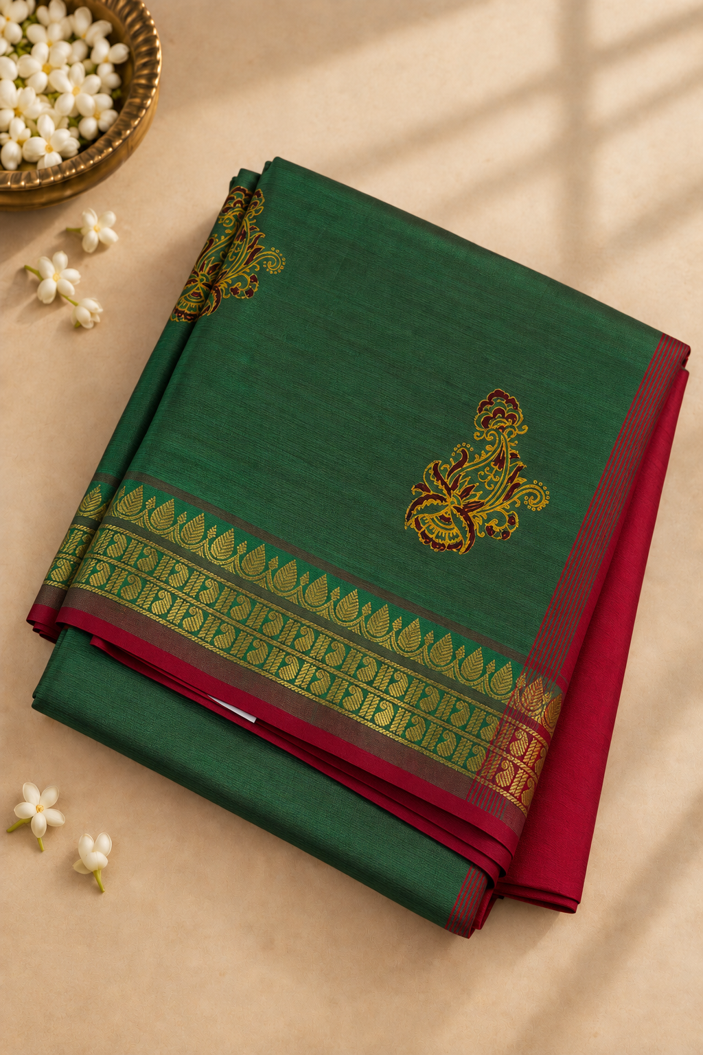 Green Half Pure Madisar Silk Cotton Saree With Printed Pattern