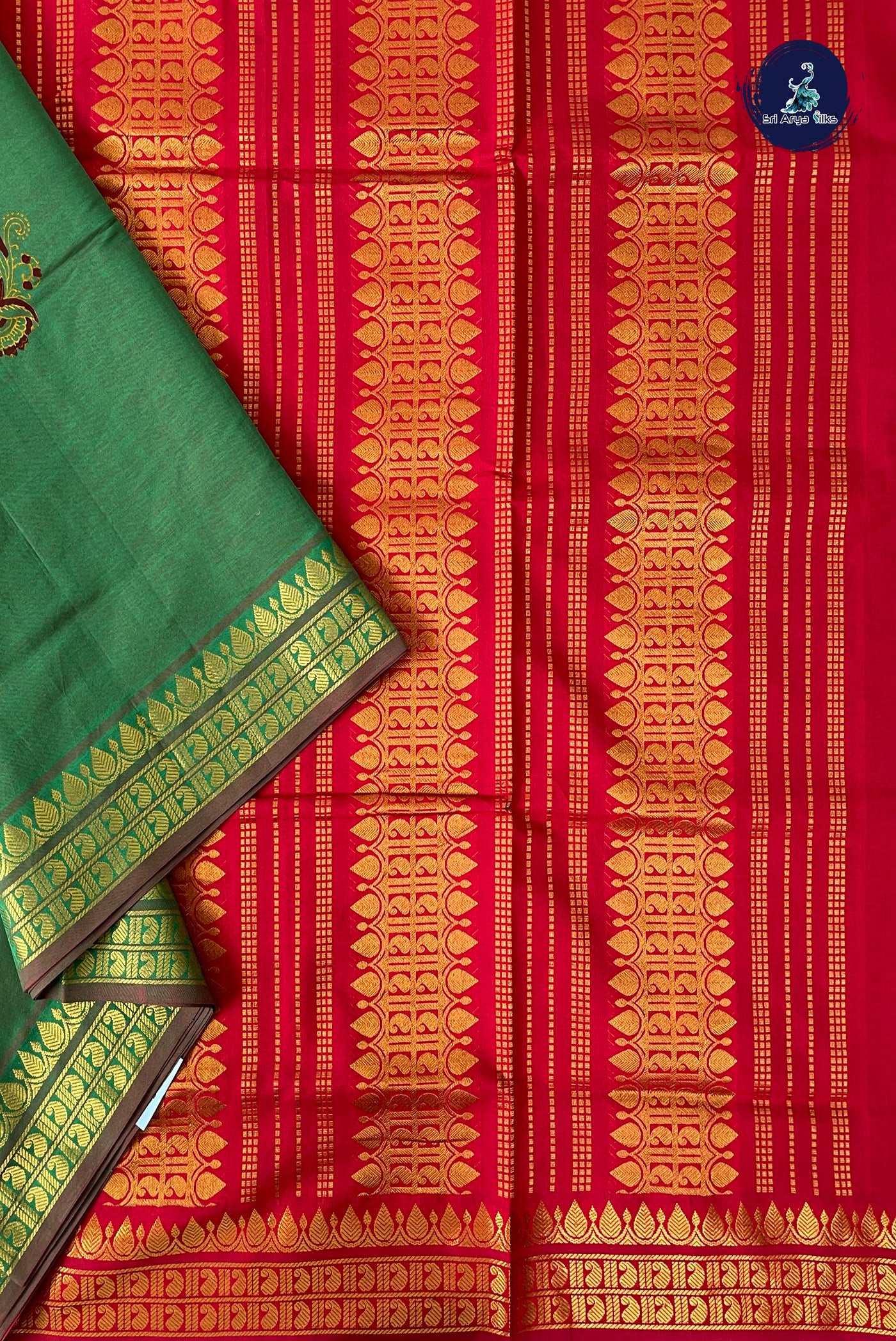 Green Half Pure Madisar Silk Cotton Saree With Printed Pattern