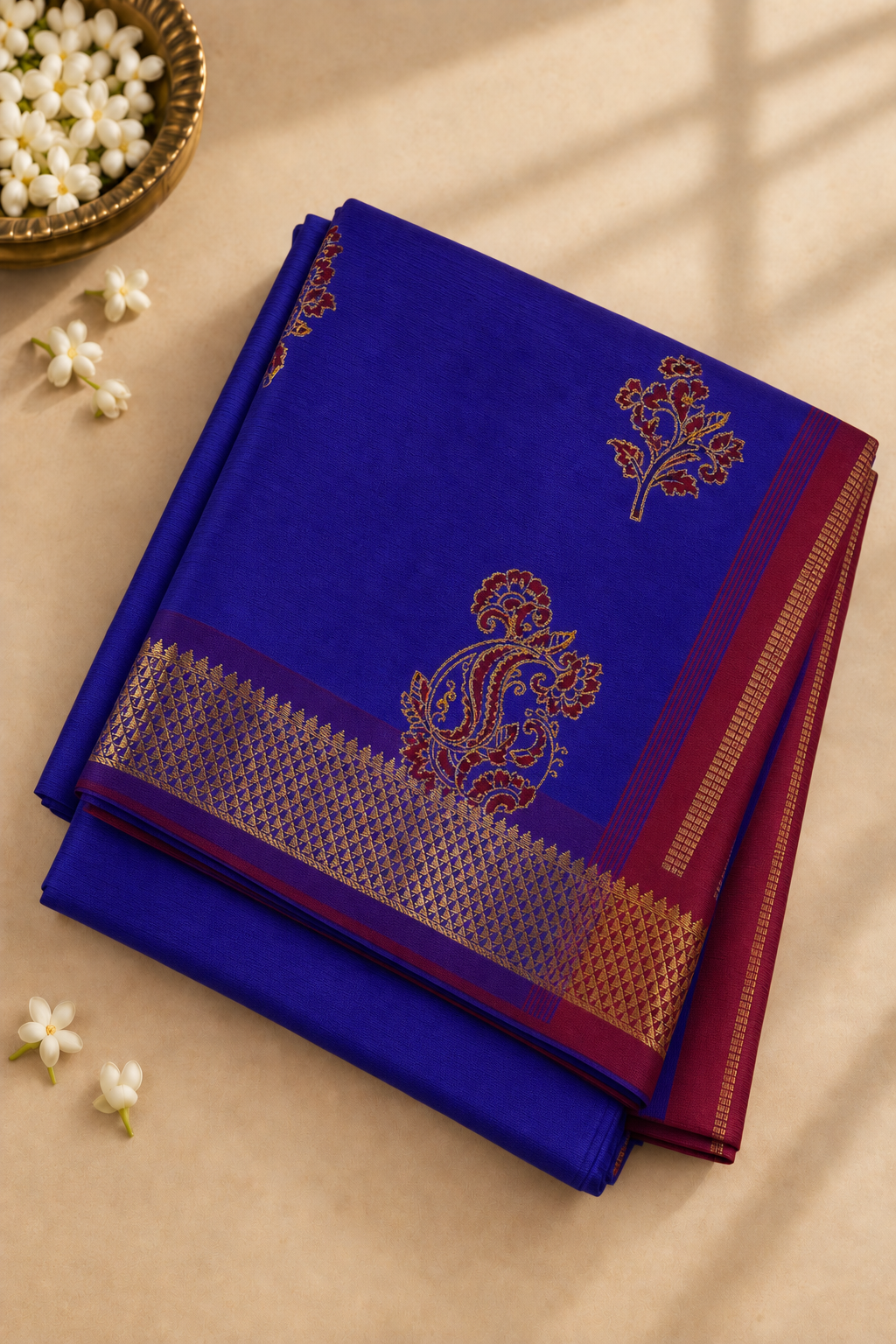 Dual Tone Violet Half Pure Madisar Silk Cotton Saree With Printed Pattern