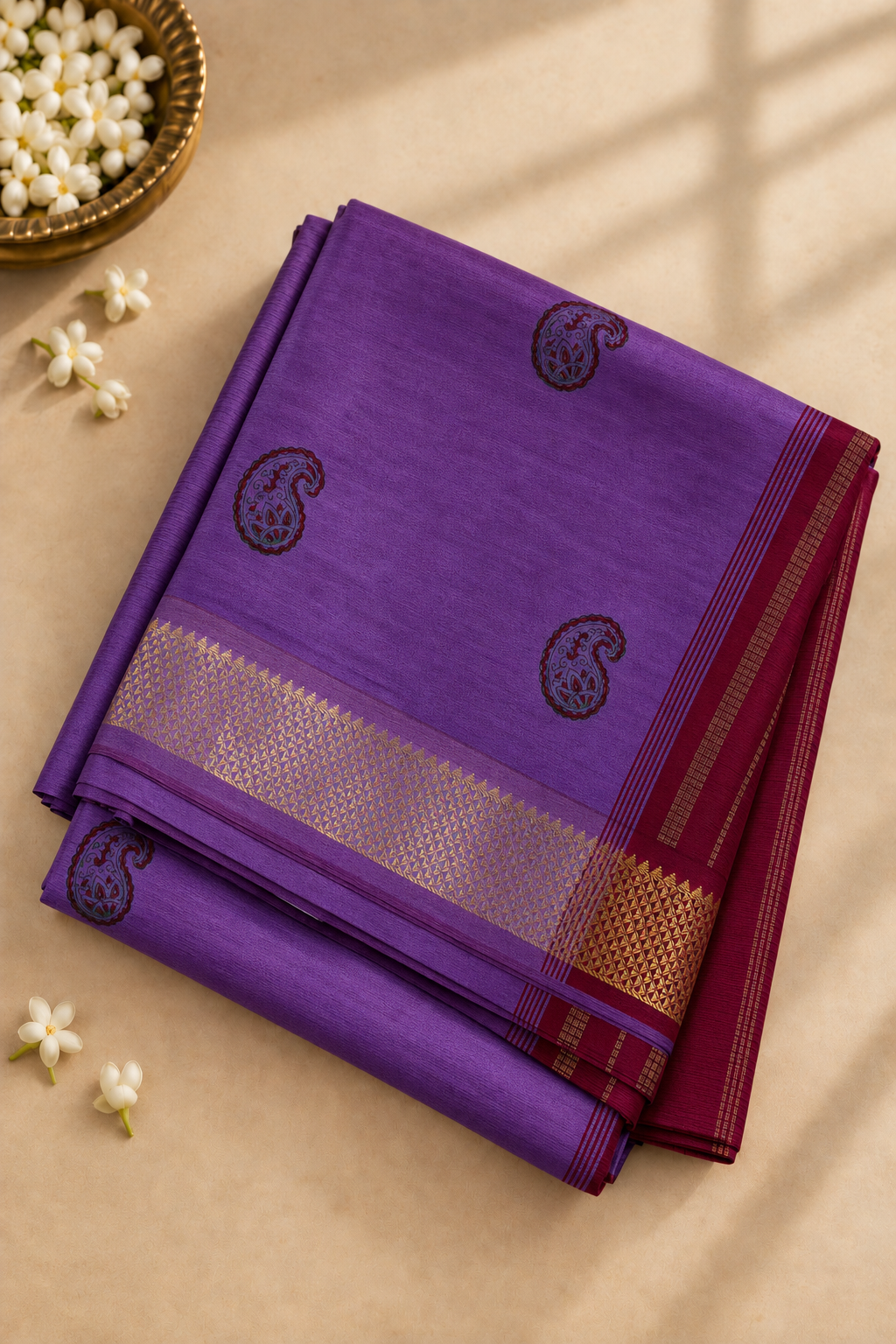 Lavender Half Pure Madisar Silk Cotton Saree With Printed Pattern