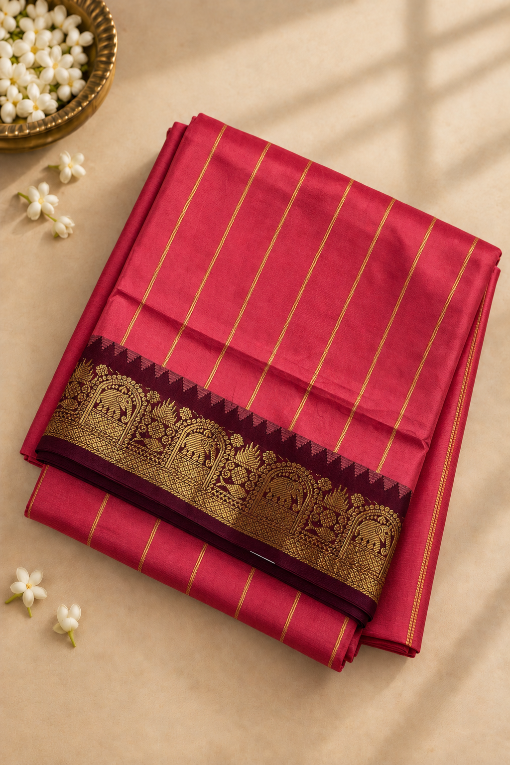 Peach Half Pure Madisar Silk Cotton Saree With Stripes Pattern