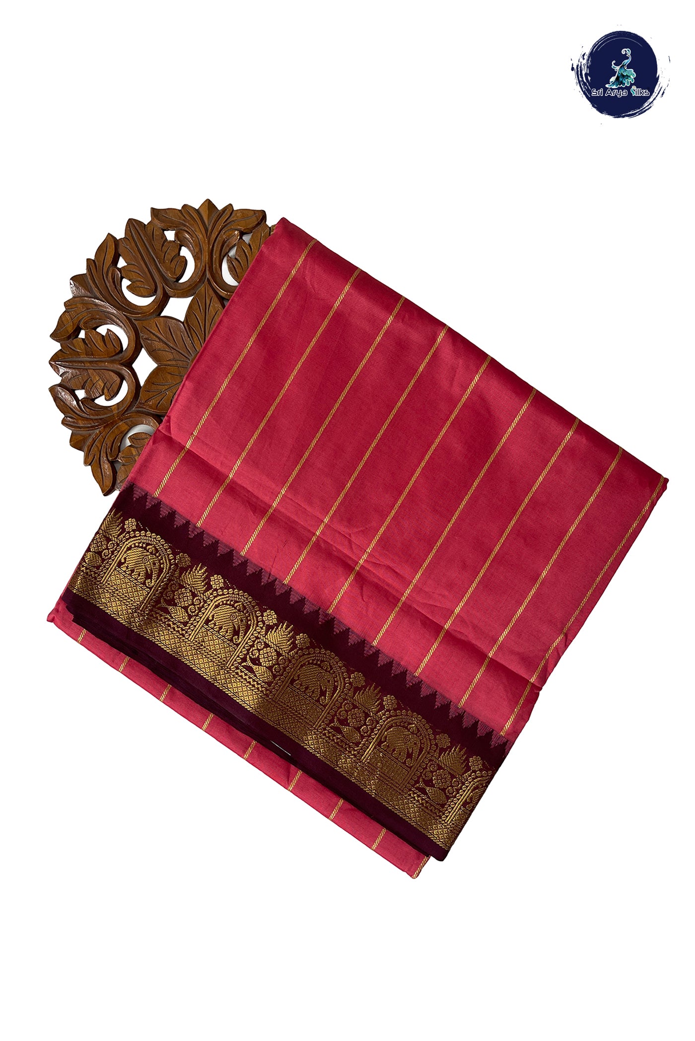 Peach Half Pure Madisar Silk Cotton Saree With Stripes Pattern
