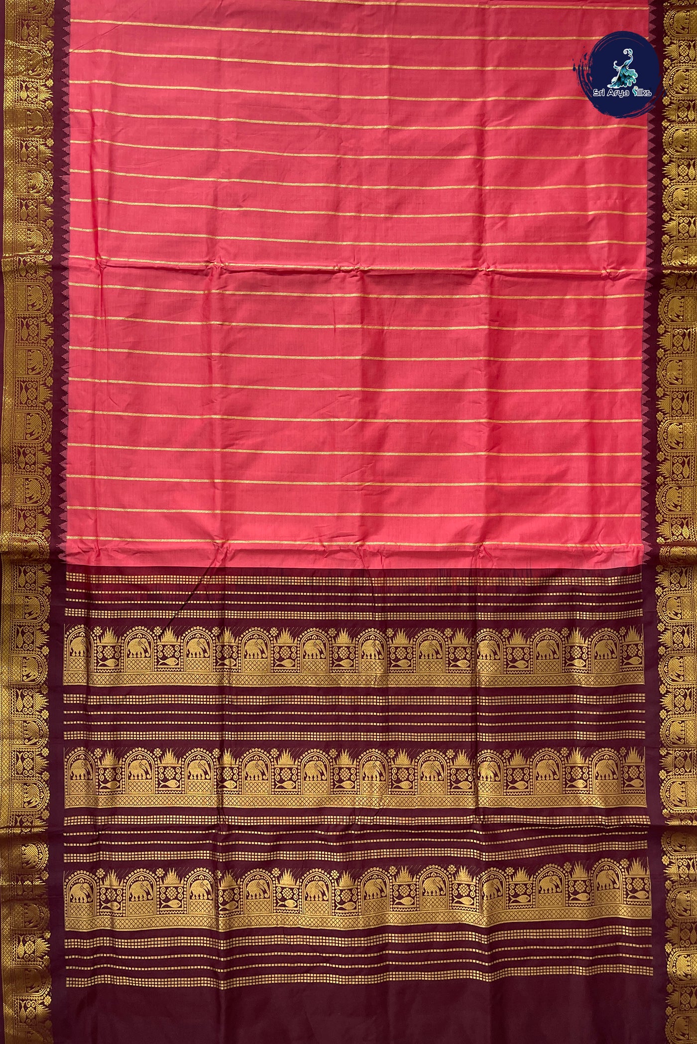Peach Half Pure Madisar Silk Cotton Saree With Stripes Pattern