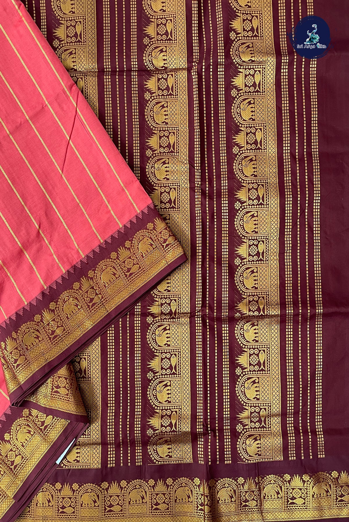Peach Half Pure Madisar Silk Cotton Saree With Stripes Pattern