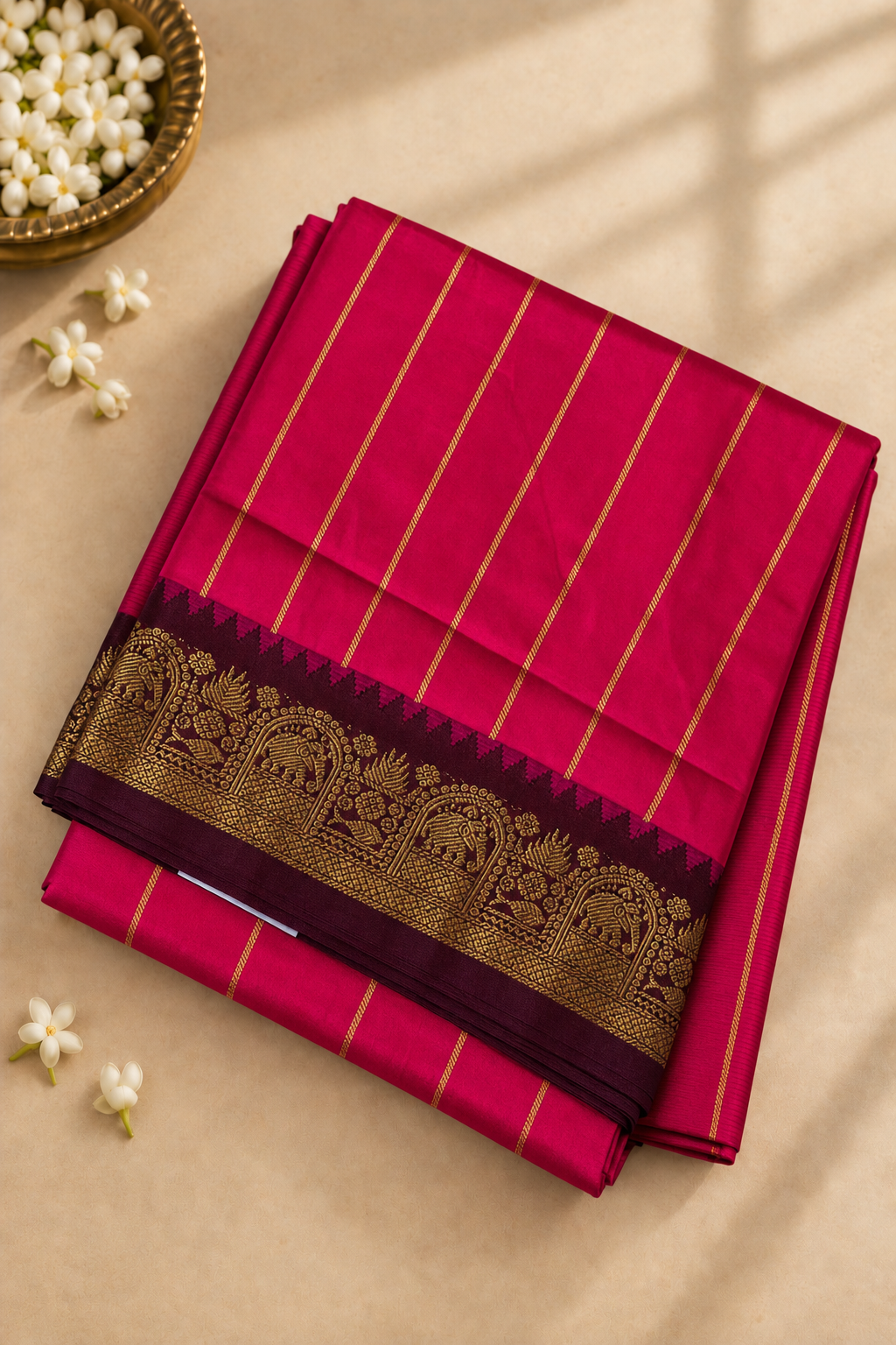 Pink Half Pure Madisar Silk Cotton Saree With Stripes Pattern
