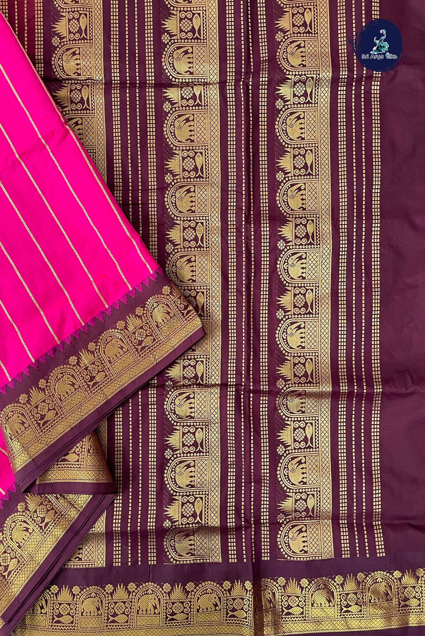 Pink Half Pure Madisar Silk Cotton Saree With Stripes Pattern