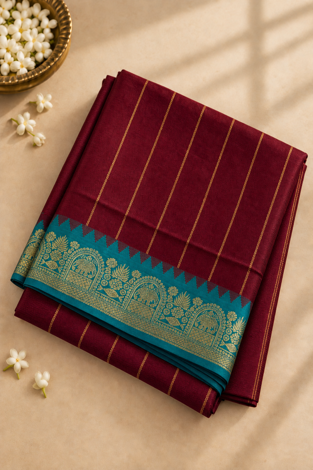 Brown Half Pure Madisar Silk Cotton Saree With Stripes Pattern