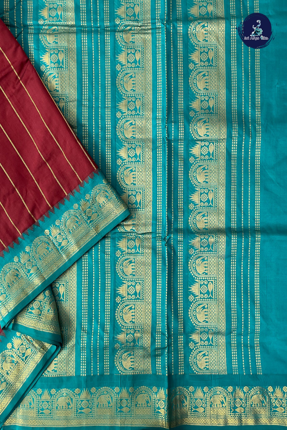 Brown Half Pure Madisar Silk Cotton Saree With Stripes Pattern