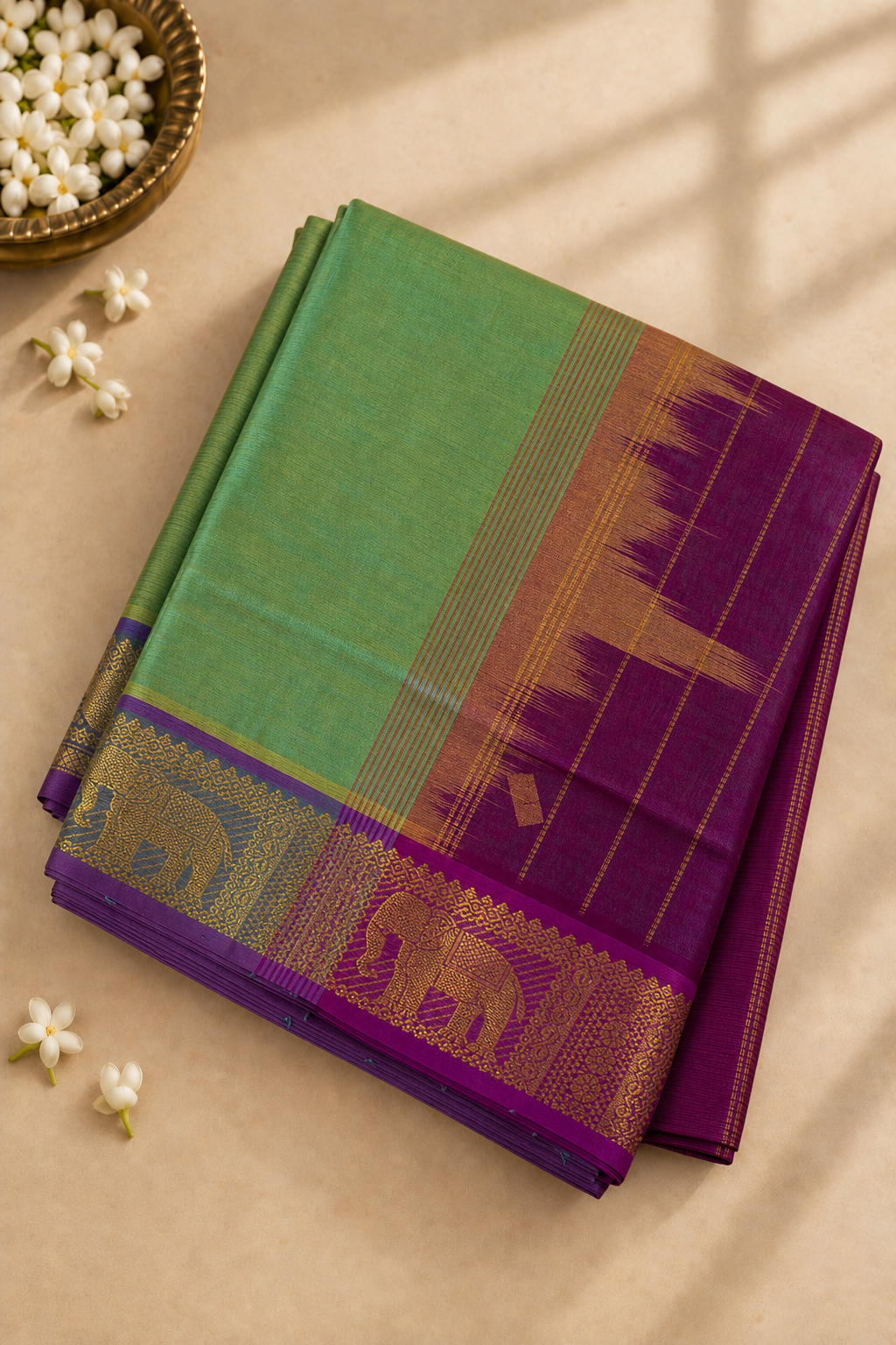 Bluish Green Madisar Silk Cotton Saree With Plain Pattern
