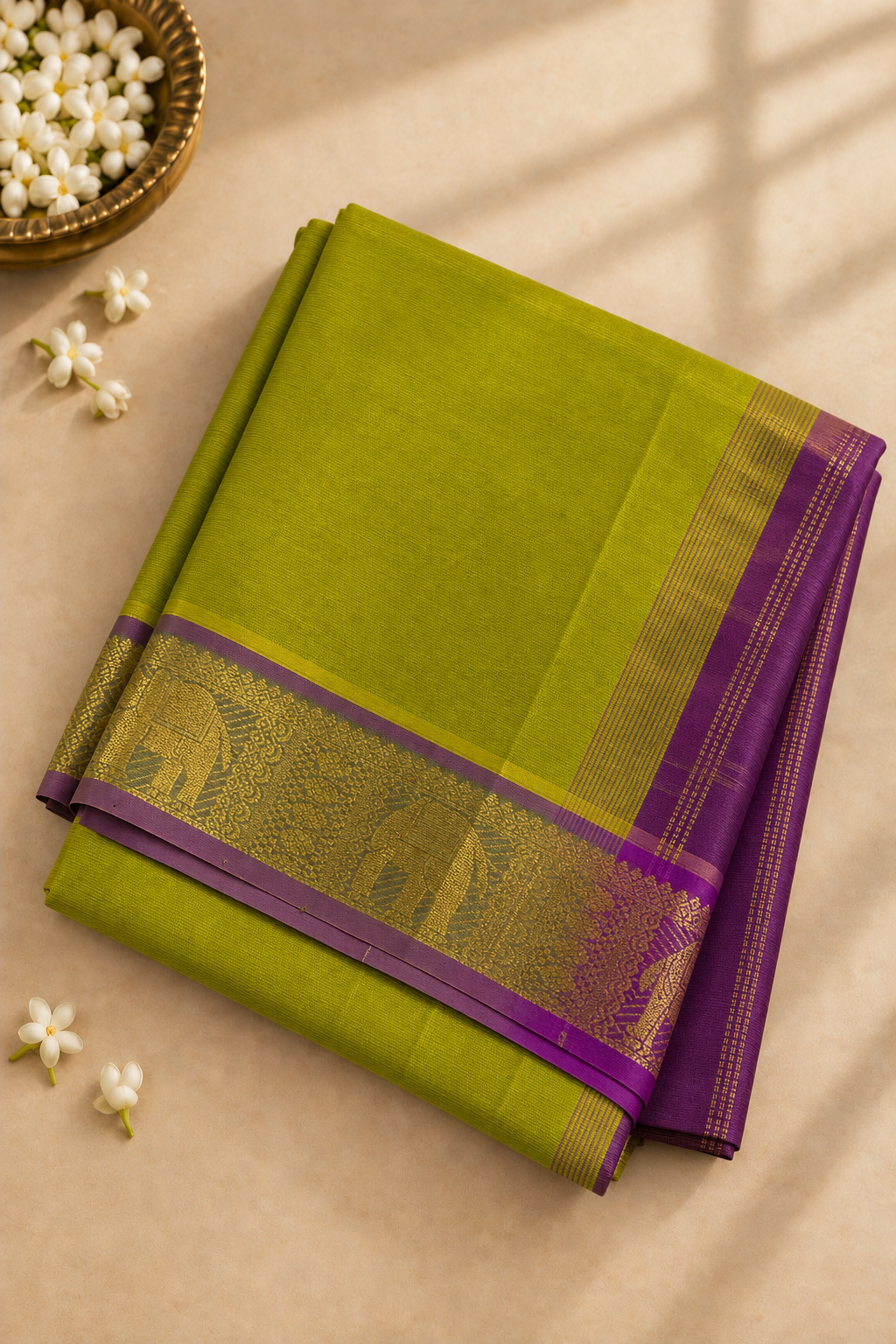 Lime Green Madisar Silk Cotton Saree With Plain Pattern