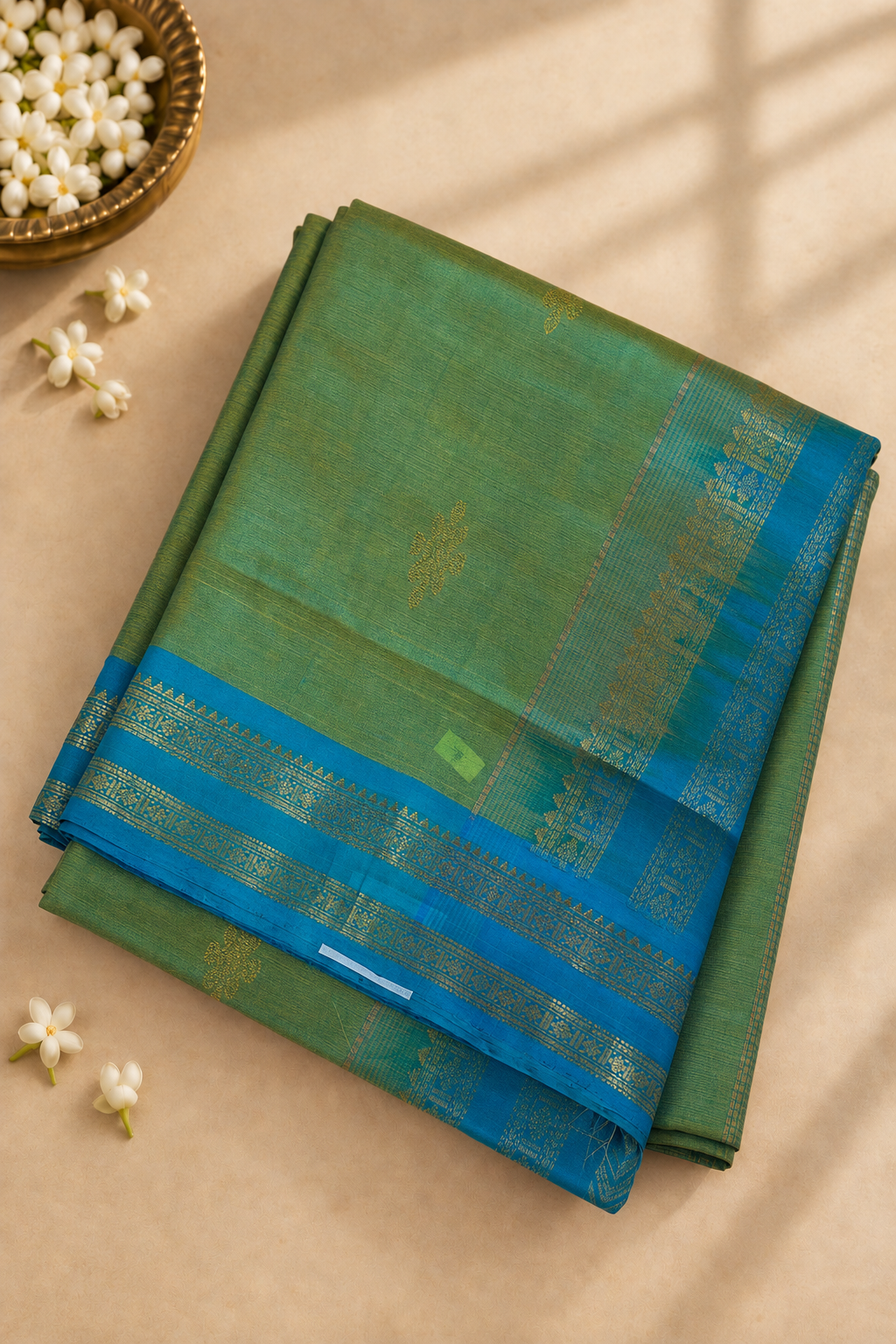 Dual Tone Green Madisar Silk Cotton Saree With Kolam Butta Pattern