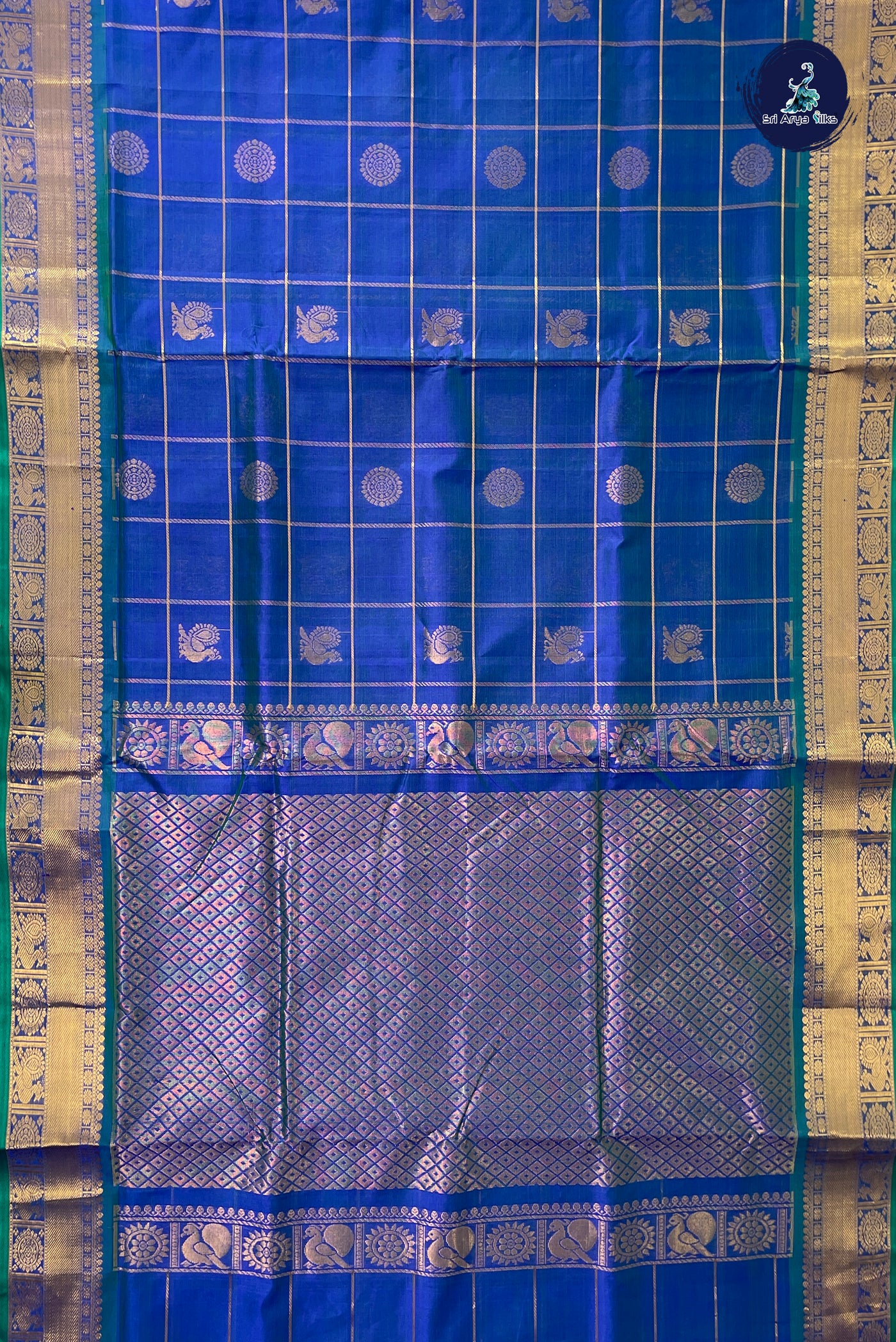 Peacock Blue Madisar Silk Cotton Saree With Zari Checked Pattern