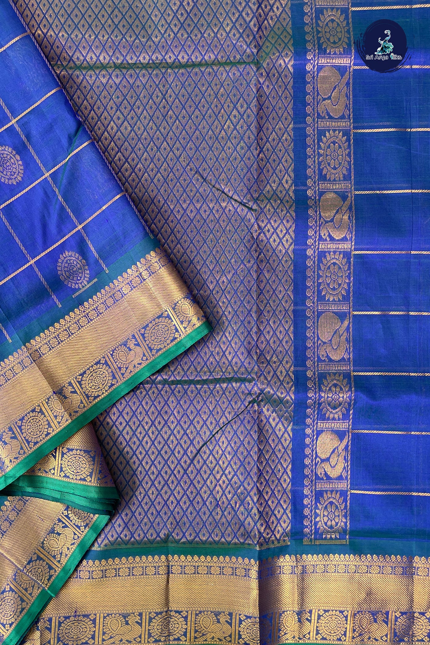 Peacock Blue Madisar Silk Cotton Saree With Zari Checked Pattern