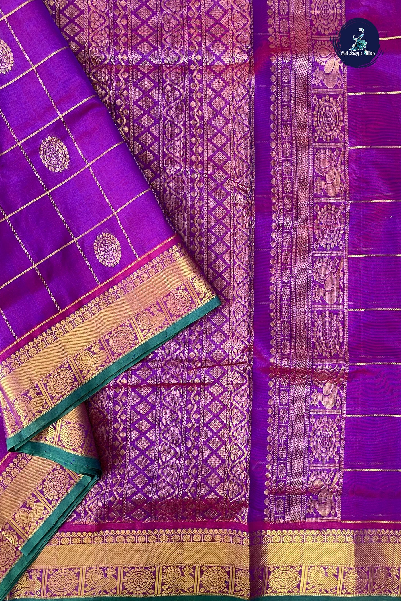 Dual Tone Purple Madisar Silk Cotton Saree With Zari Checked Pattern