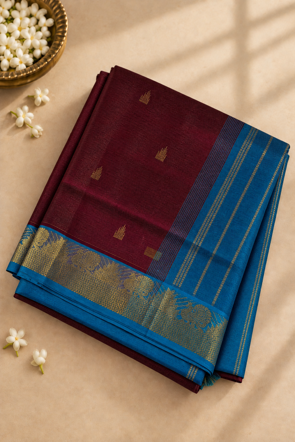 Maroon Madisar Silk Cotton Saree With Vaira Oosi Pattern