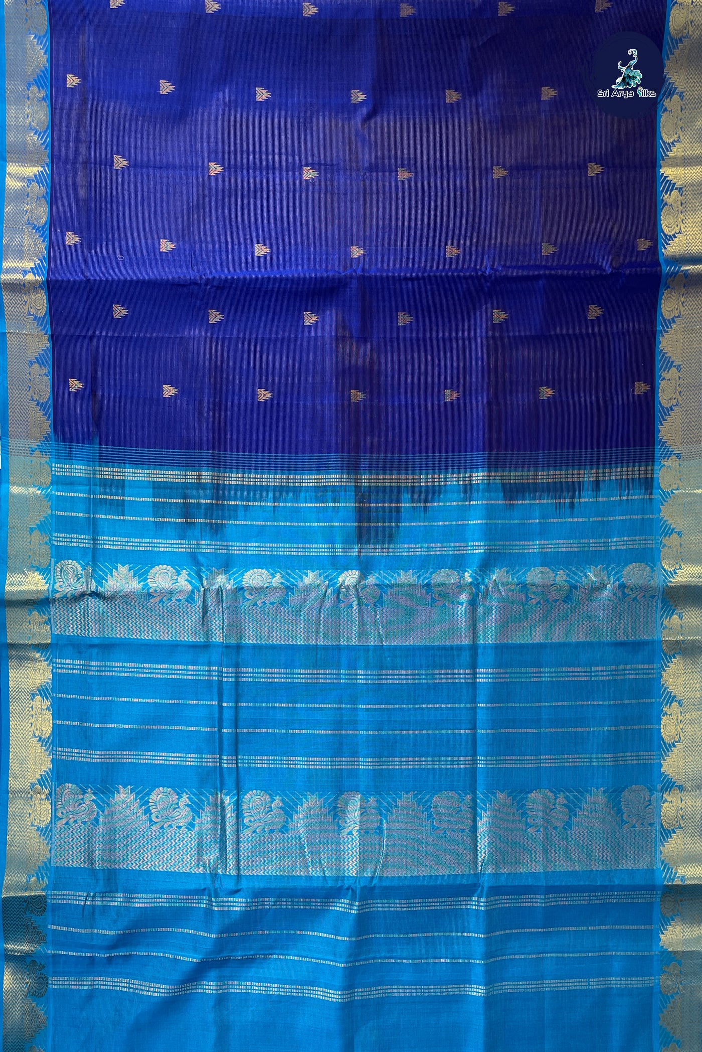 MS Blue Madisar Silk Cotton Saree With Vaira Oosi Pattern