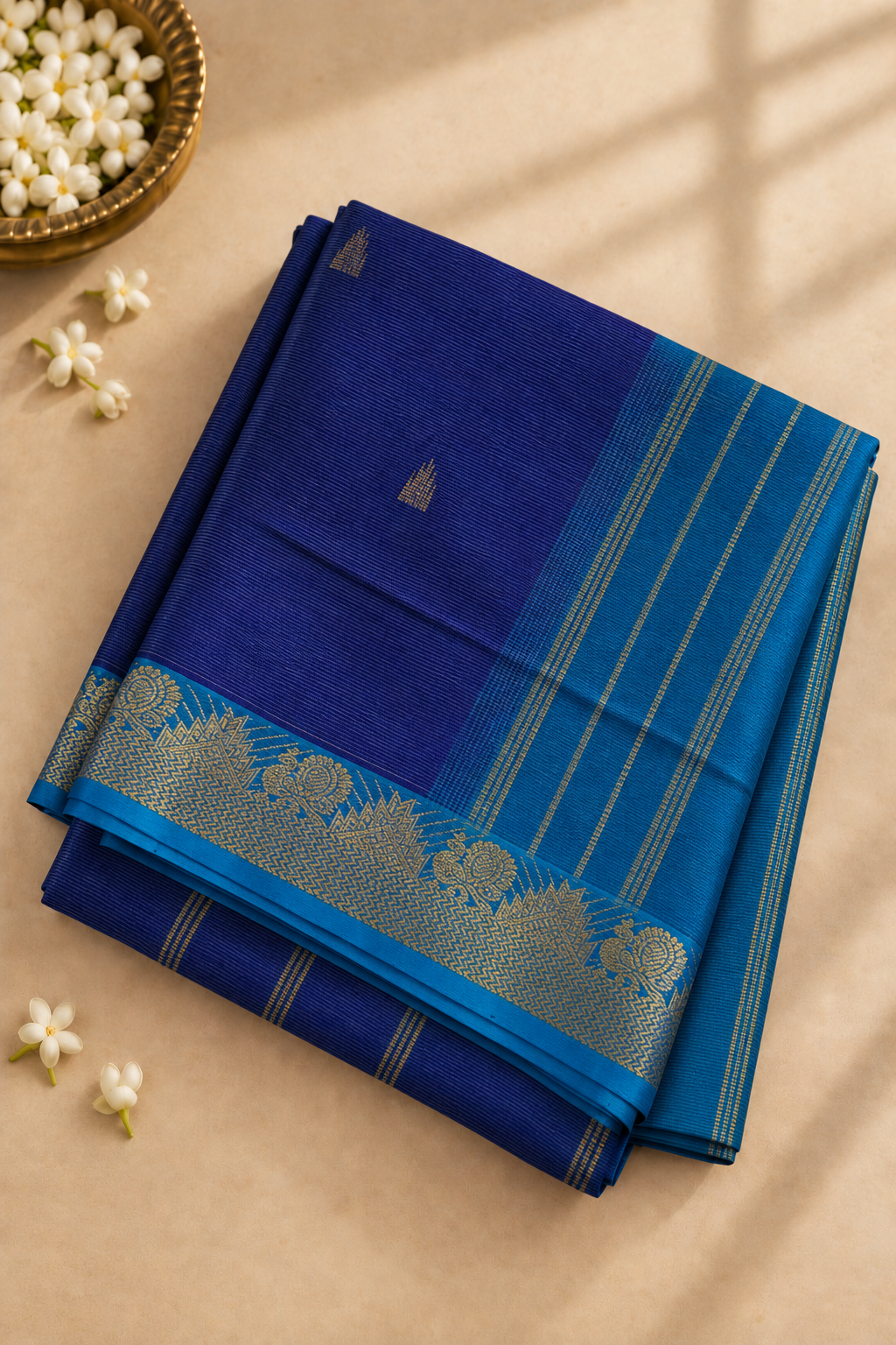 MS Blue Madisar Silk Cotton Saree With Vaira Oosi Pattern