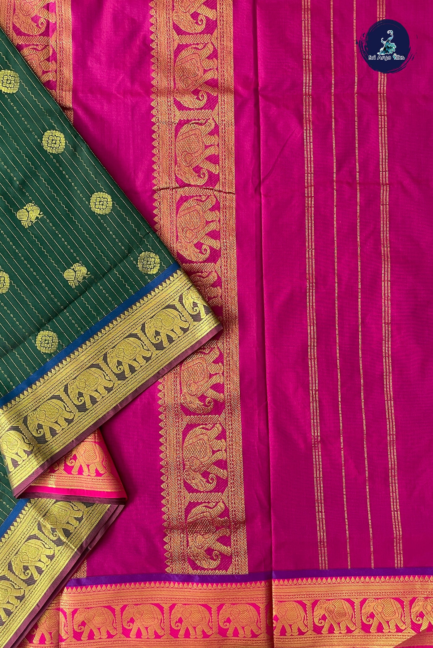 Bottle Green Madisar Semi Silk Saree With Stripes Pattern