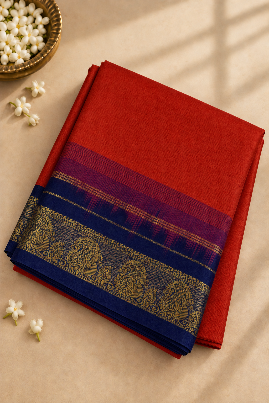 Burnt Orange Half Pure Madisar Silk Cotton Saree With Plain Pattern